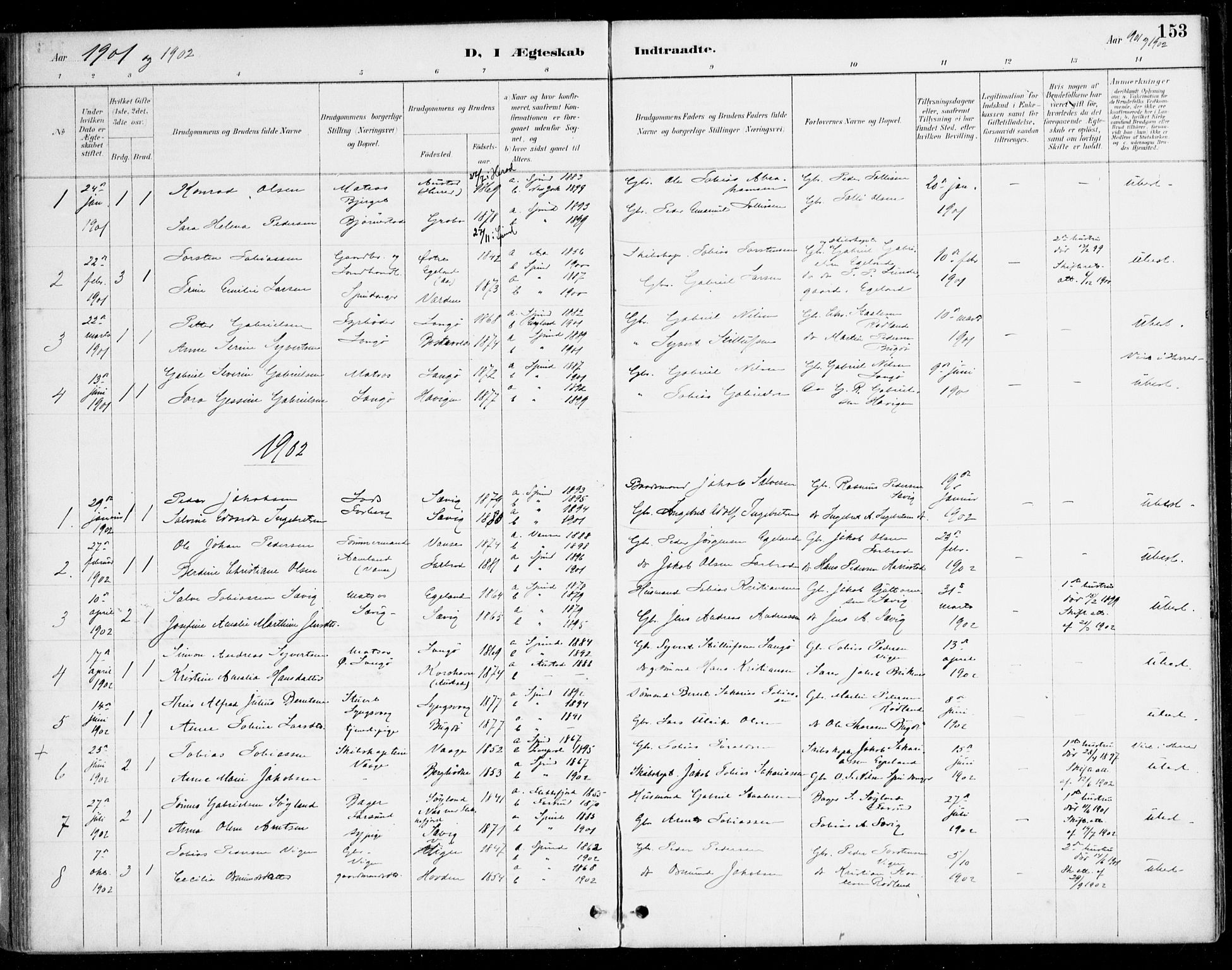 Herad sokneprestkontor, AV/SAK-1111-0018/F/Fa/Fab/L0005: Parish register (official) no. A 5, 1886-1913, p. 153