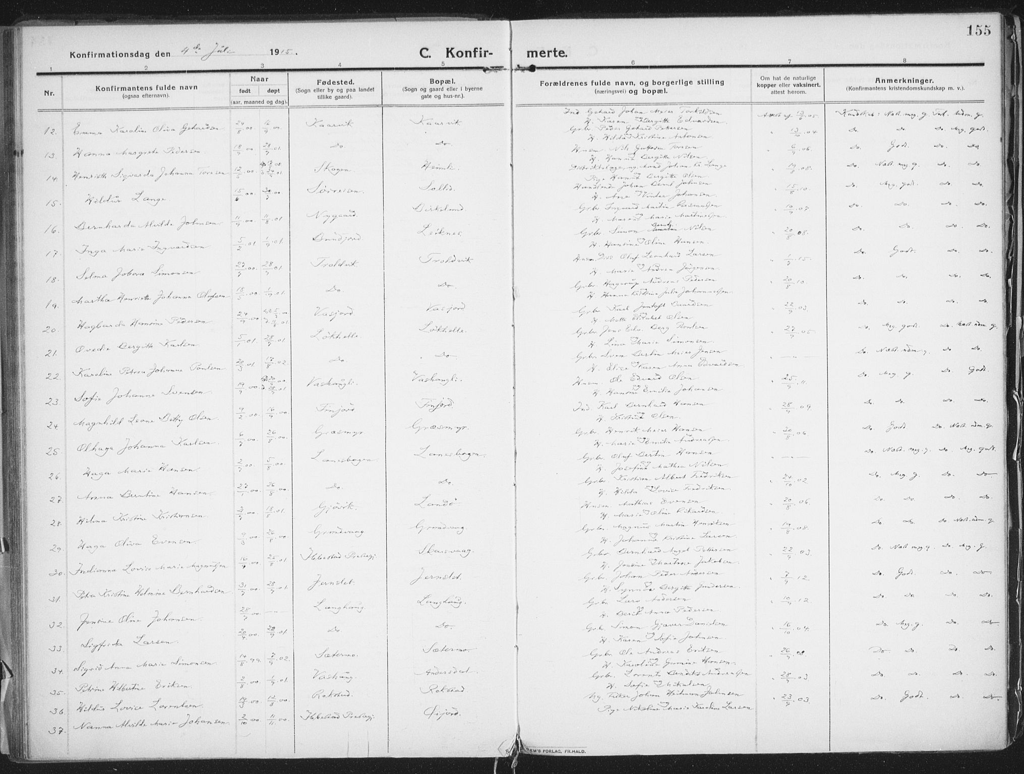 Lenvik sokneprestembete, AV/SATØ-S-1310/H/Ha/Haa/L0016kirke: Parish register (official) no. 16, 1910-1924, p. 155