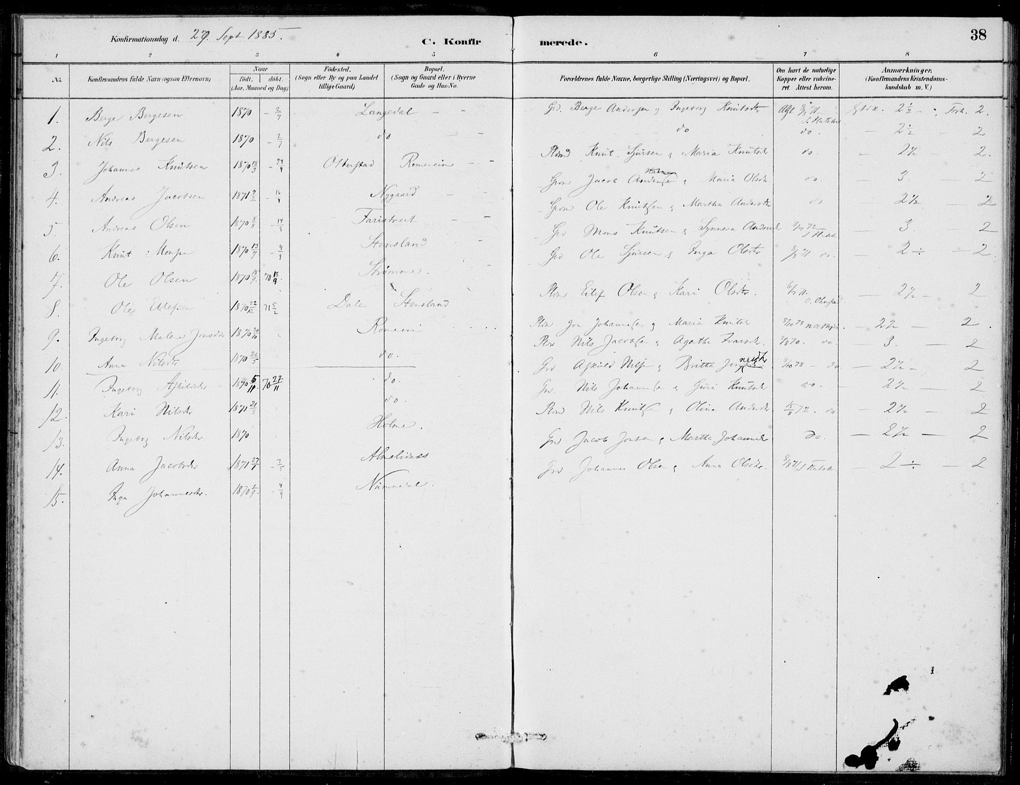 Hosanger sokneprestembete, SAB/A-75801/H/Haa: Parish register (official) no. C  1, 1880-1900, p. 38