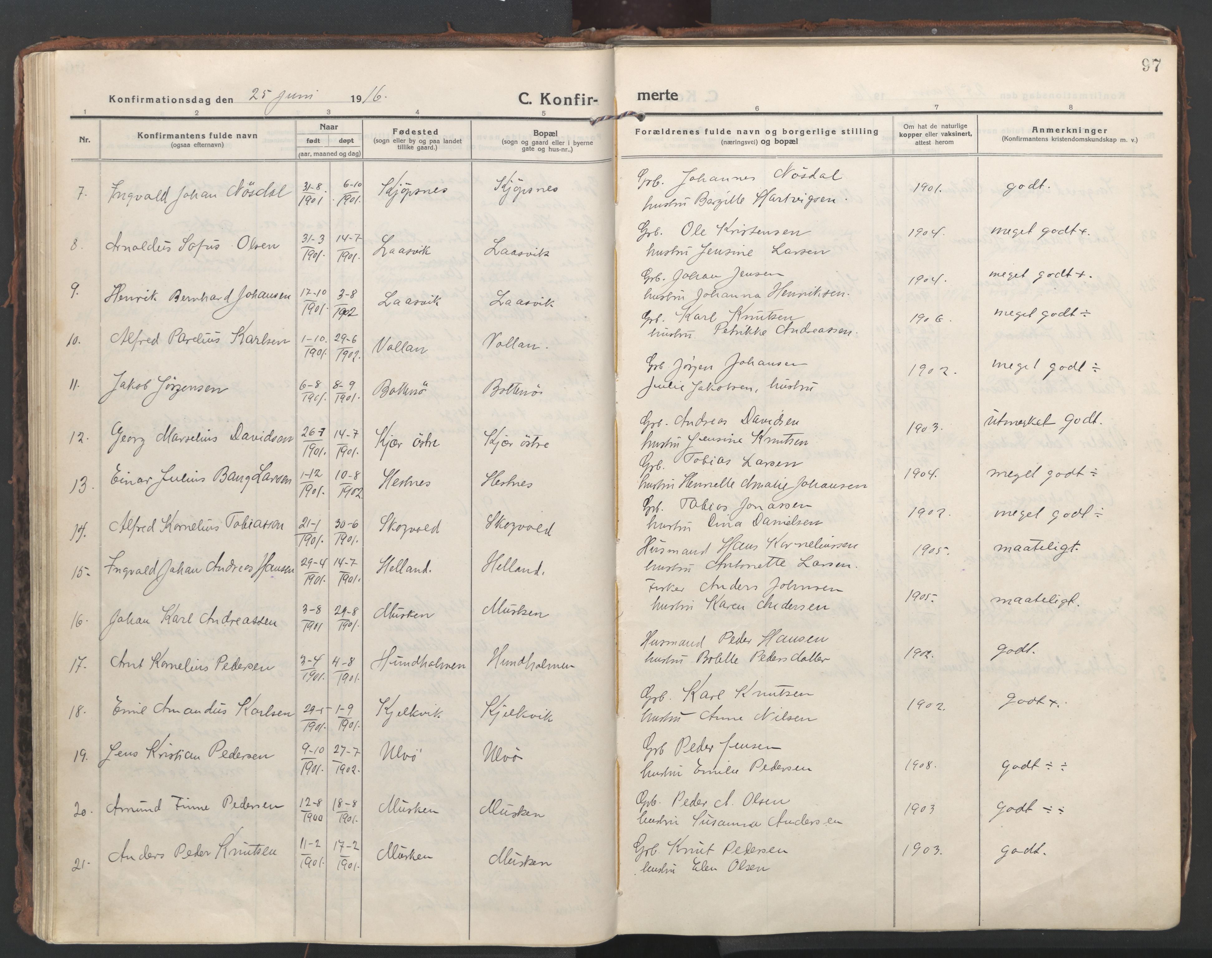 Ministerialprotokoller, klokkerbøker og fødselsregistre - Nordland, AV/SAT-A-1459/861/L0872: Parish register (official) no. 861A07, 1915-1924, p. 97