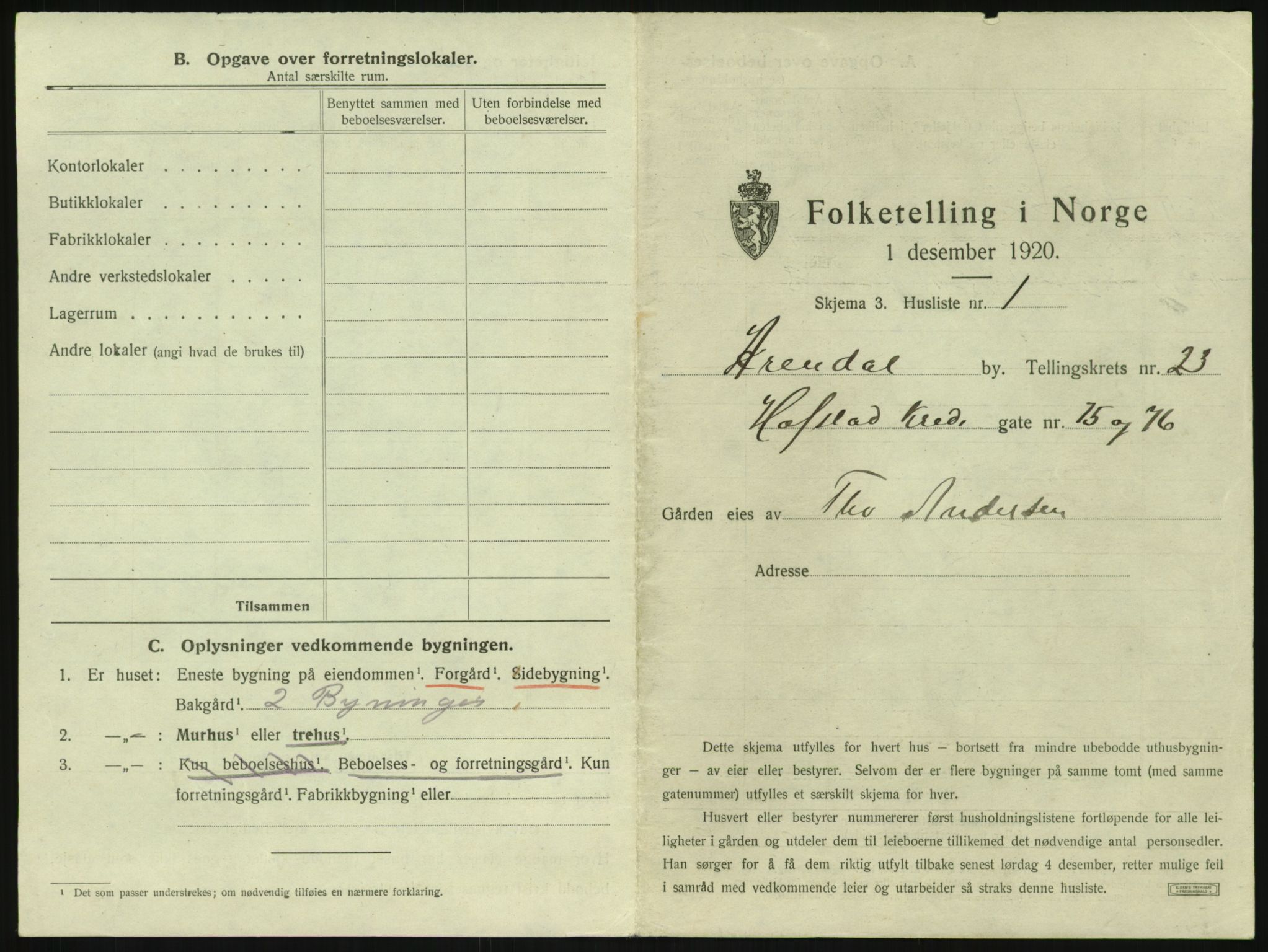 SAK, 1920 census for Arendal, 1920, p. 3562