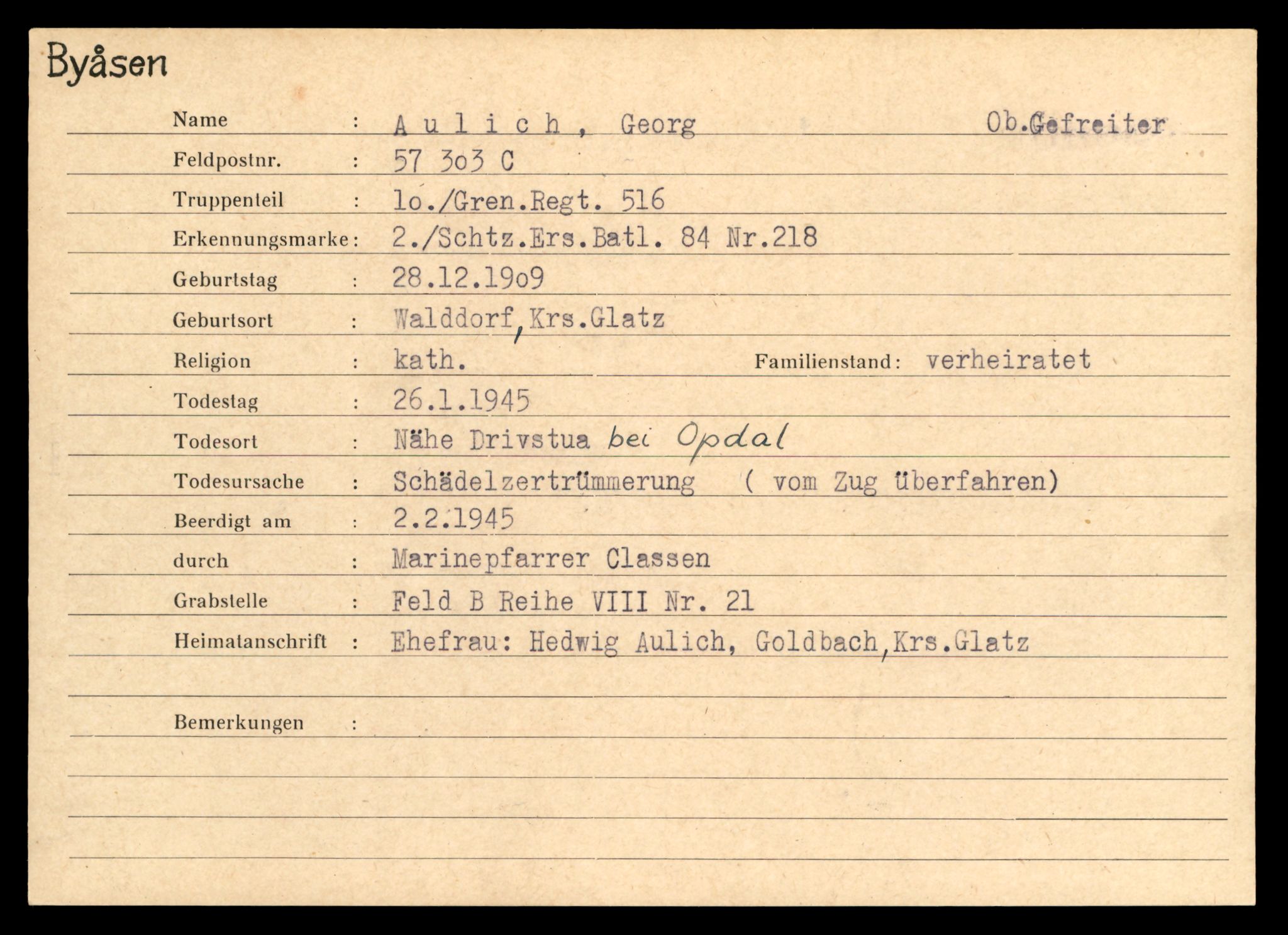 Distriktskontoret for krigsgraver, SAT/A-5030/E/L0004: Kasett/kartotek over tysk Krigskirkegård på Byåsen, 1945, p. 37