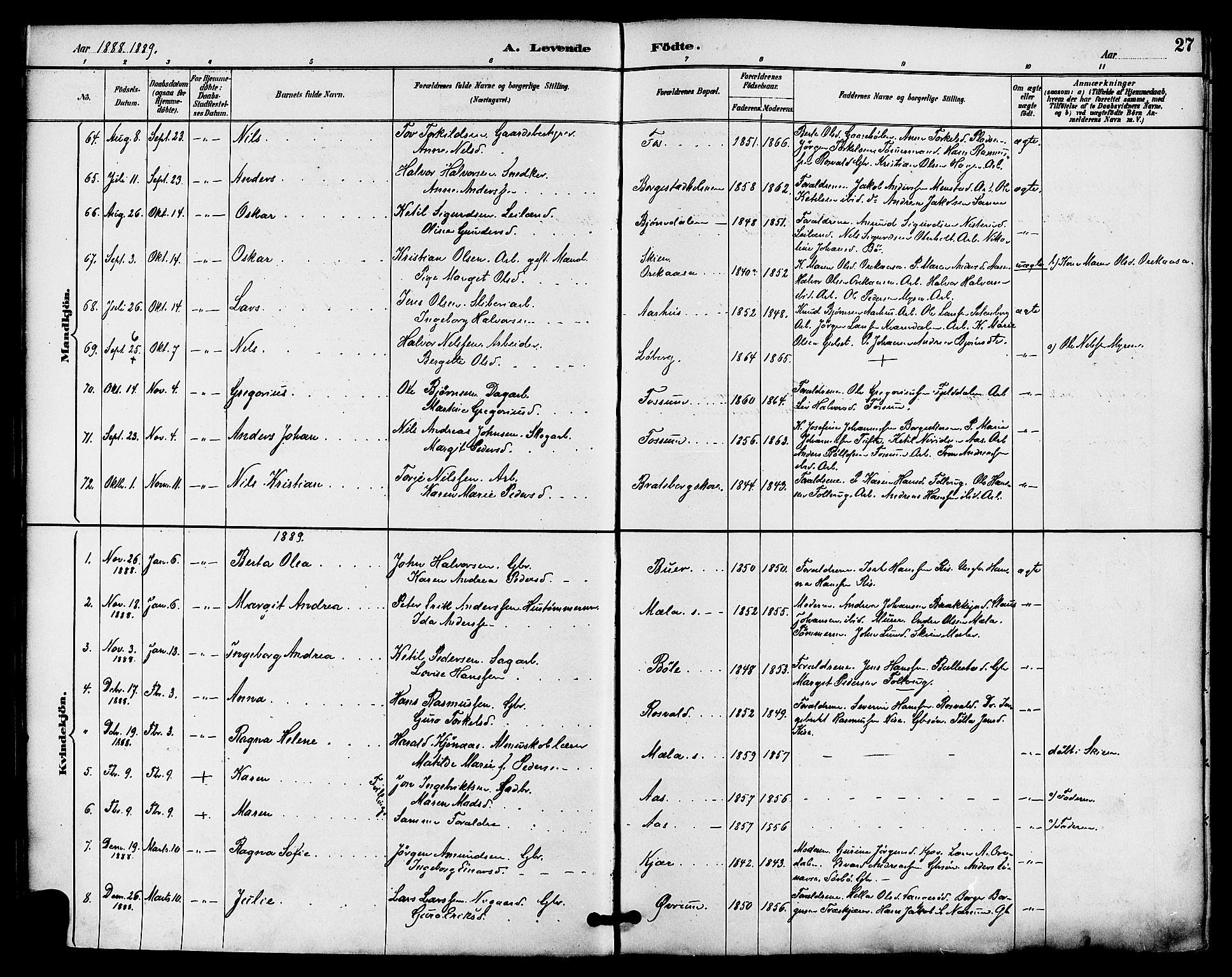 Gjerpen kirkebøker, SAKO/A-265/F/Fa/L0010: Parish register (official) no. I 10, 1886-1895, p. 27