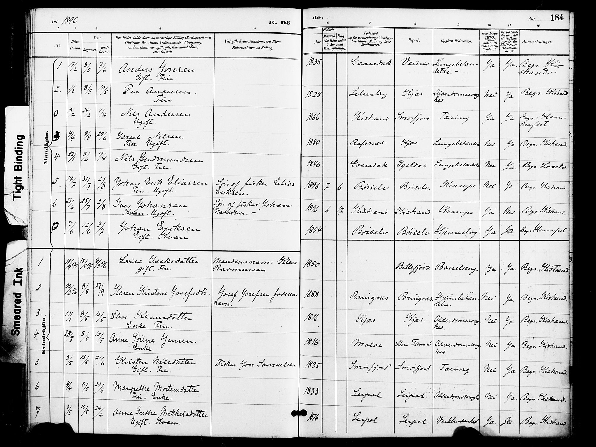 Kistrand/Porsanger sokneprestembete, AV/SATØ-S-1351/H/Ha/L0008.kirke: Parish register (official) no. 8, 1890-1898, p. 184