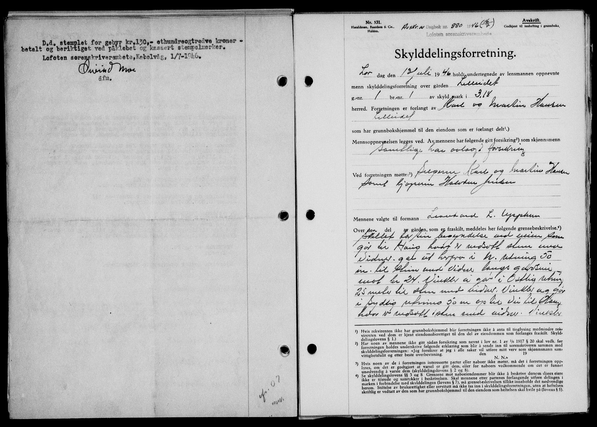 Lofoten sorenskriveri, SAT/A-0017/1/2/2C/L0014a: Mortgage book no. 14a, 1946-1946, Diary no: : 880/1946