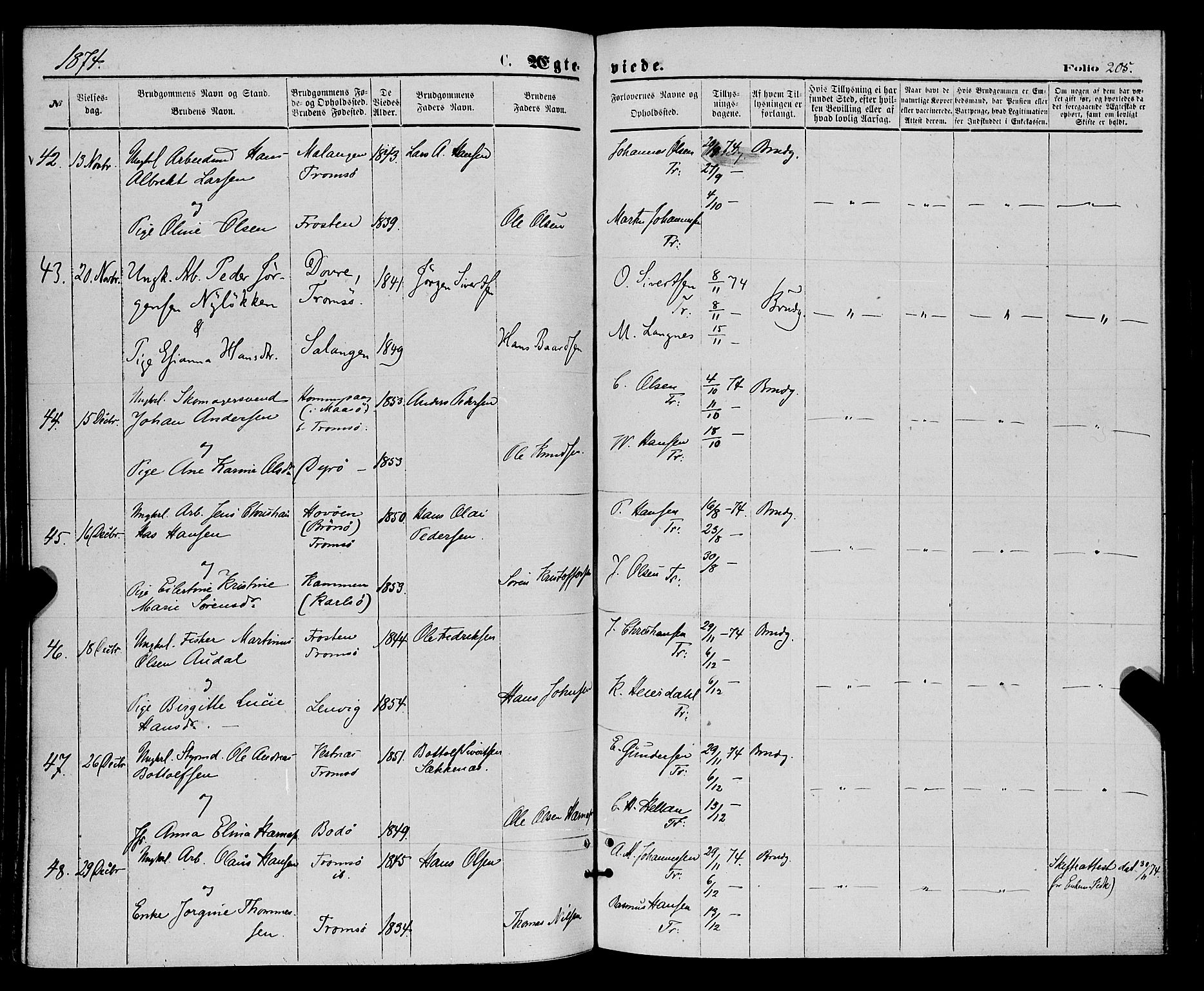 Tromsø sokneprestkontor/stiftsprosti/domprosti, AV/SATØ-S-1343/G/Ga/L0013kirke: Parish register (official) no. 13, 1872-1877, p. 205