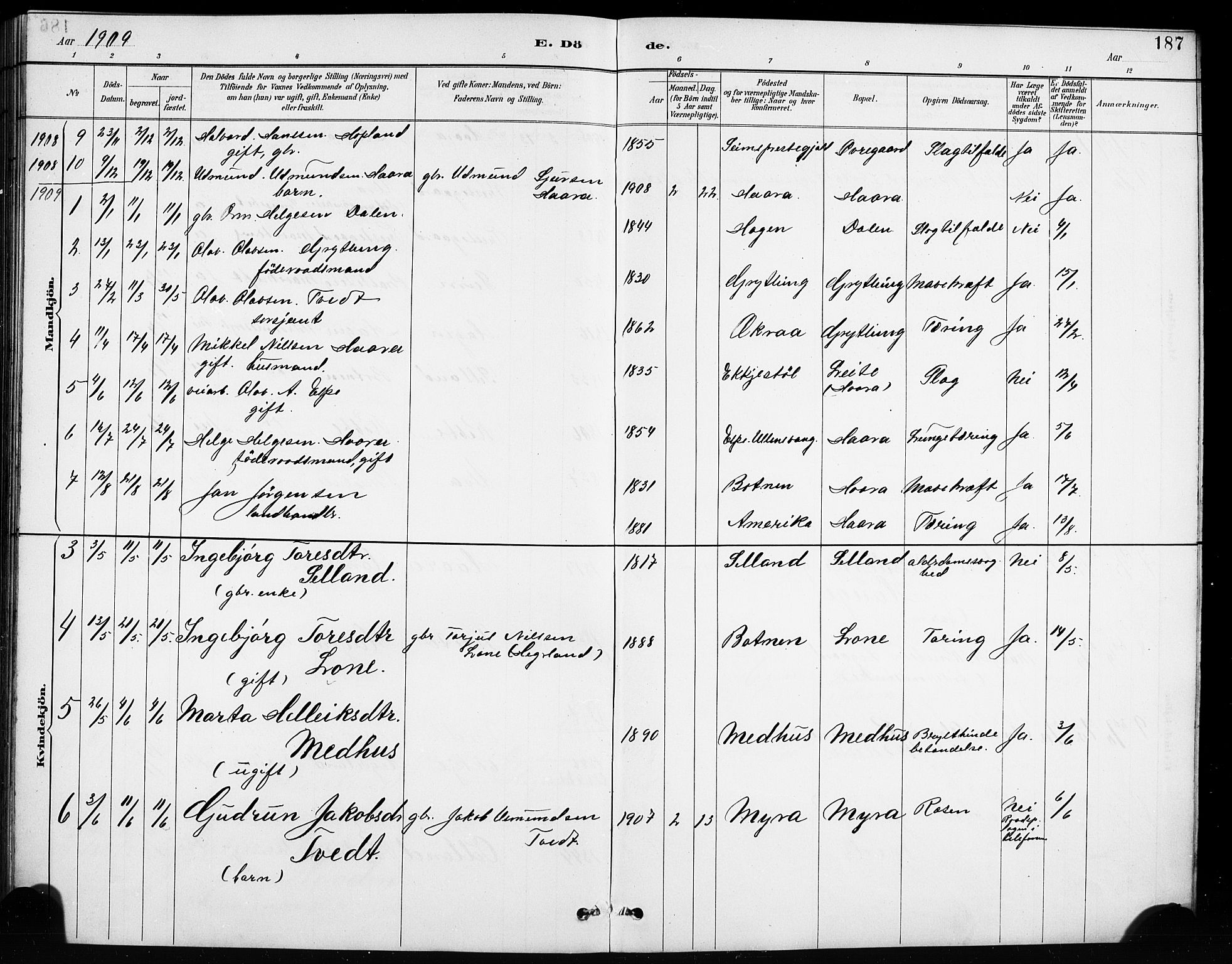 Røldal sokneprestembete, SAB/A-100247: Parish register (copy) no. A 3, 1887-1917, p. 187