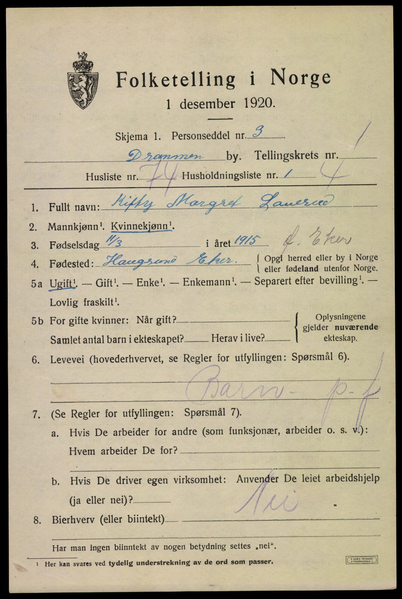 SAKO, 1920 census for Drammen, 1920, p. 19999