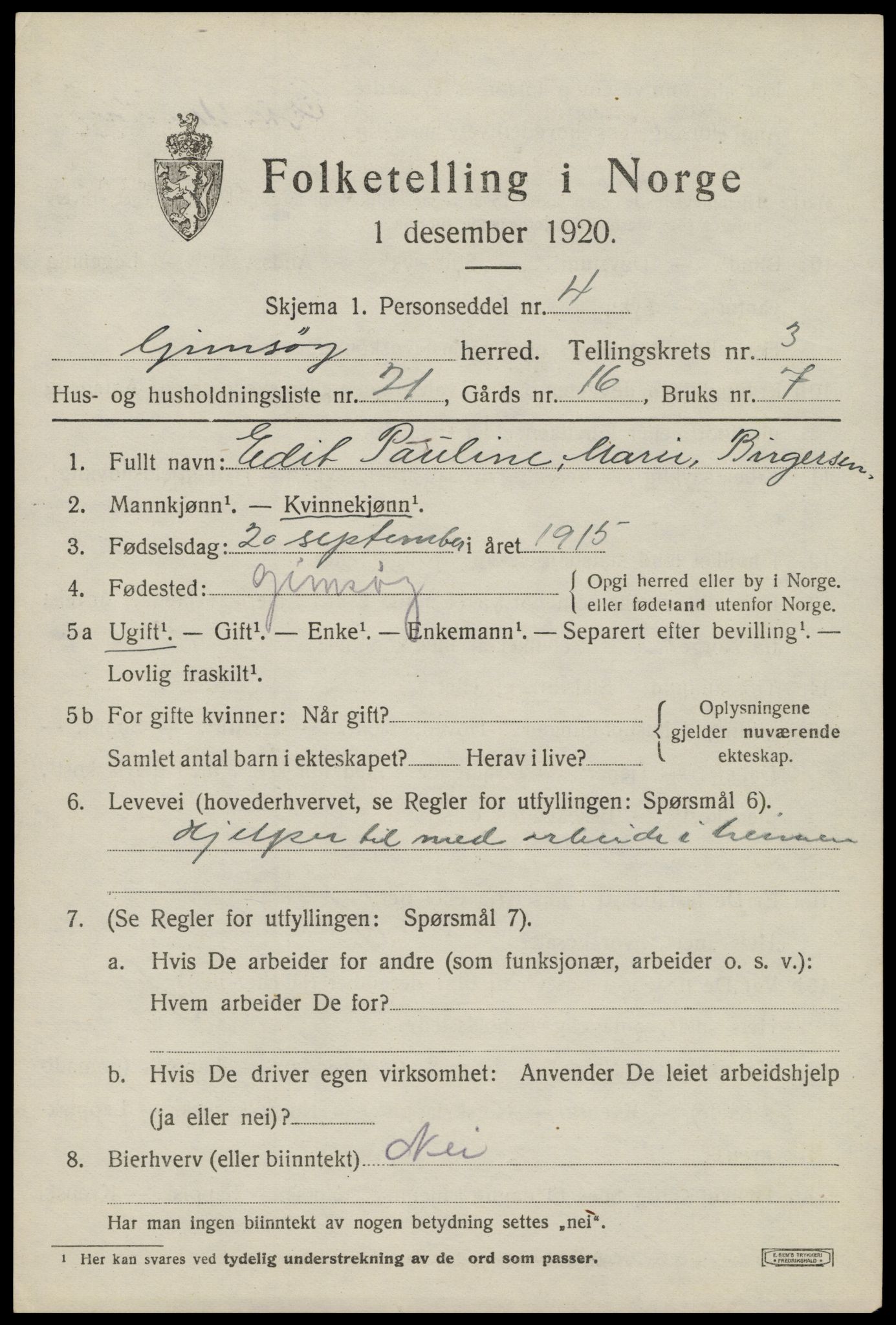 SAT, 1920 census for Gimsøy, 1920, p. 1961