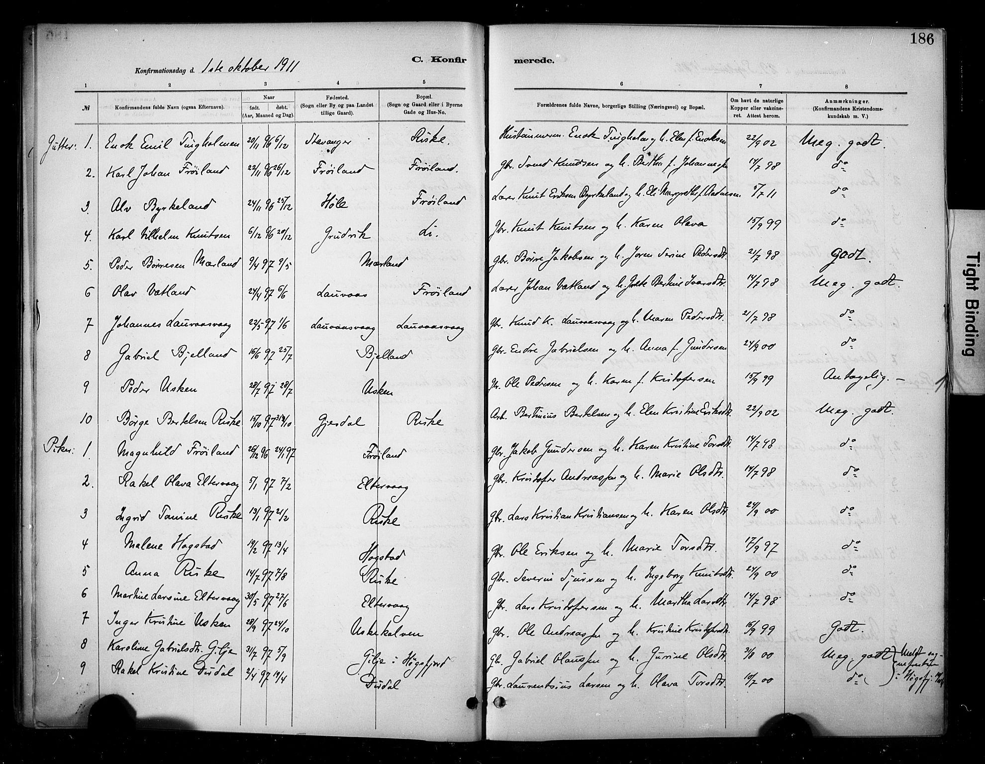 Hetland sokneprestkontor, SAST/A-101826/30/30BA/L0010: Parish register (official) no. A 10, 1882-1925, p. 186