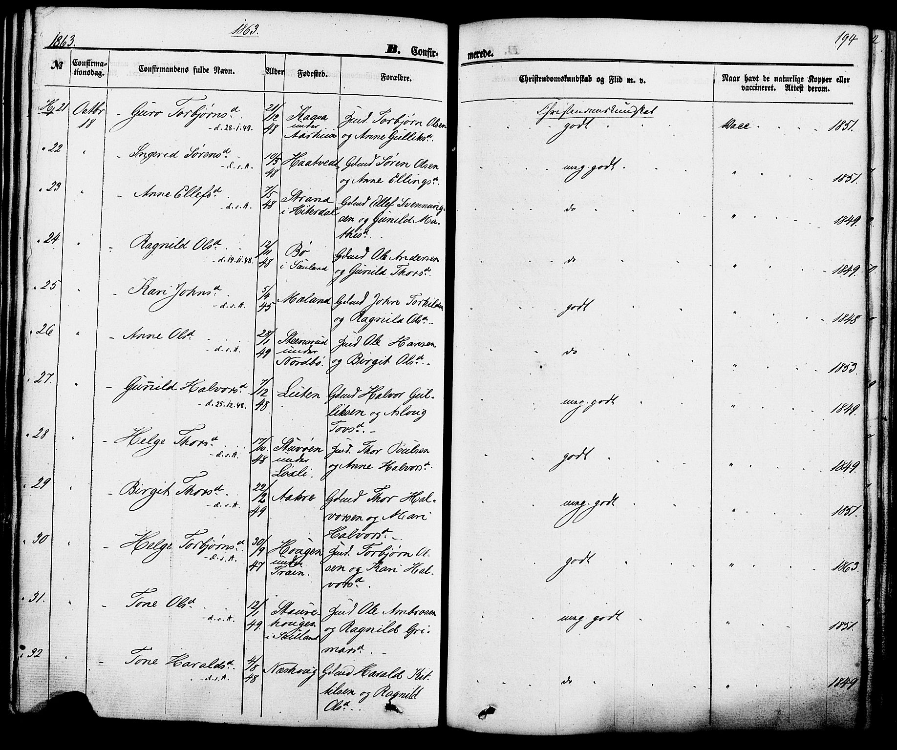 Hjartdal kirkebøker, AV/SAKO-A-270/F/Fa/L0009: Parish register (official) no. I 9, 1860-1879, p. 194