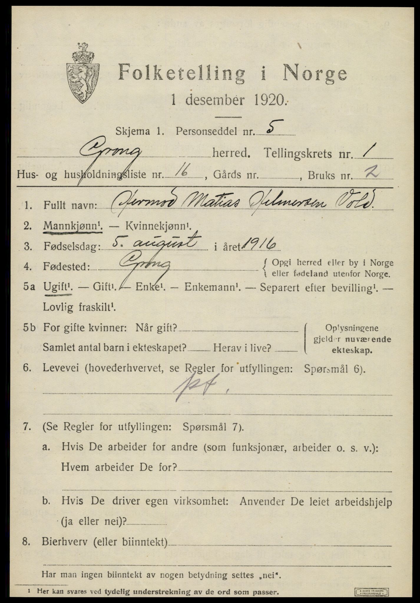 SAT, 1920 census for Grong, 1920, p. 1233