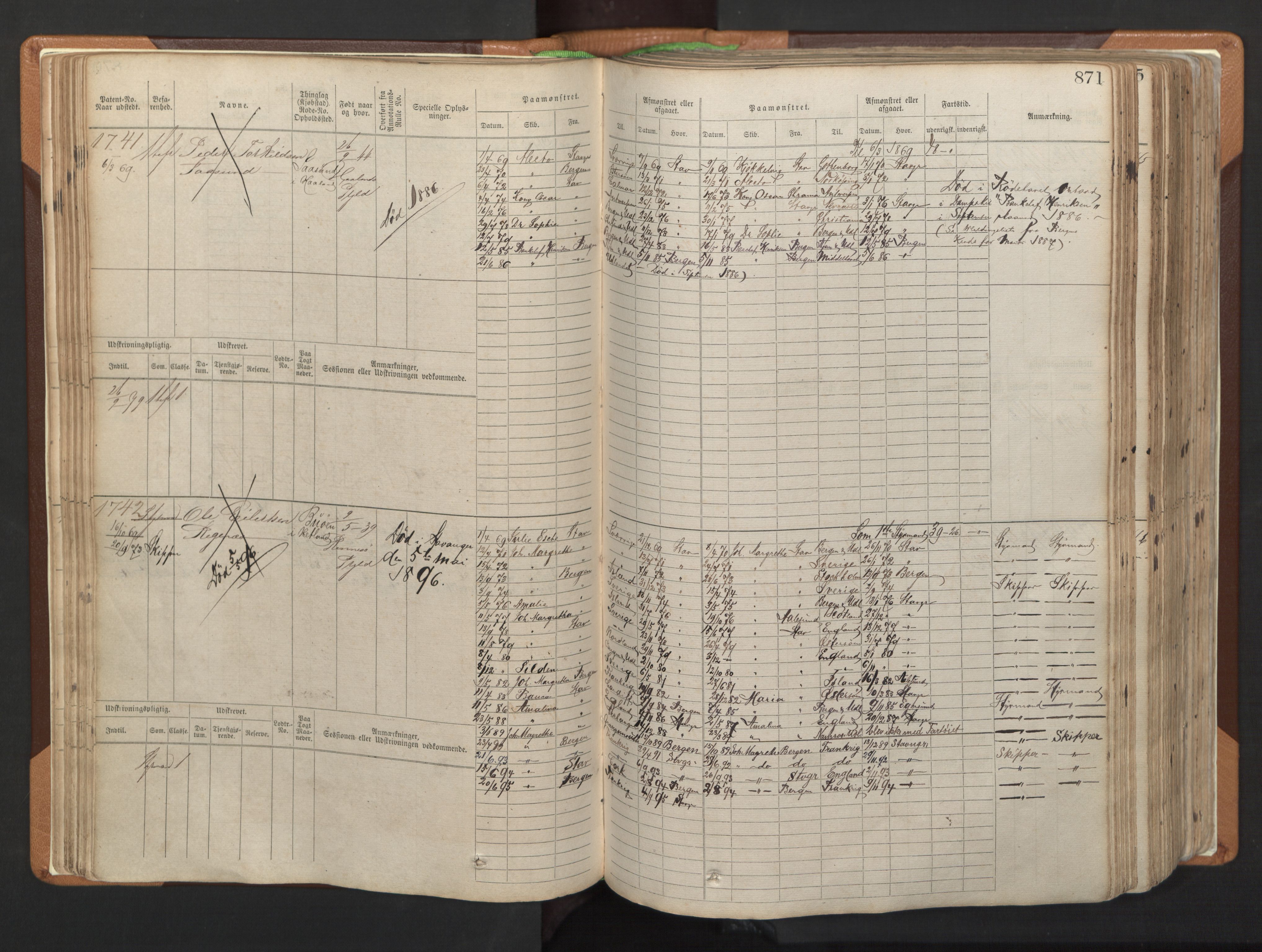 Stavanger sjømannskontor, AV/SAST-A-102006/F/Fb/Fbb/L0006: Sjøfartshovedrulle, patentnr. 1607-2402 (del 3), 1869-1880, p. 70