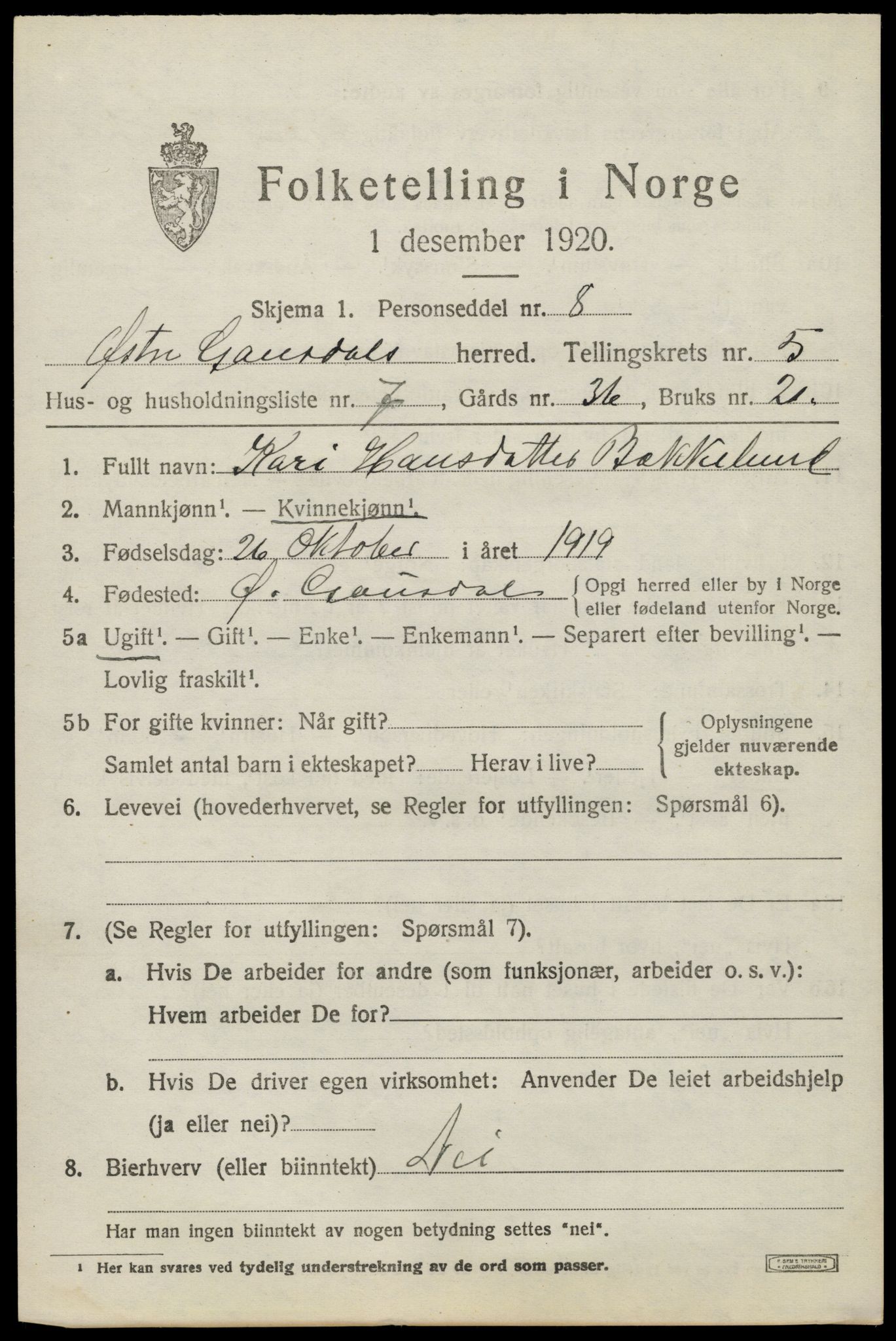 SAH, 1920 census for Østre Gausdal, 1920, p. 2784