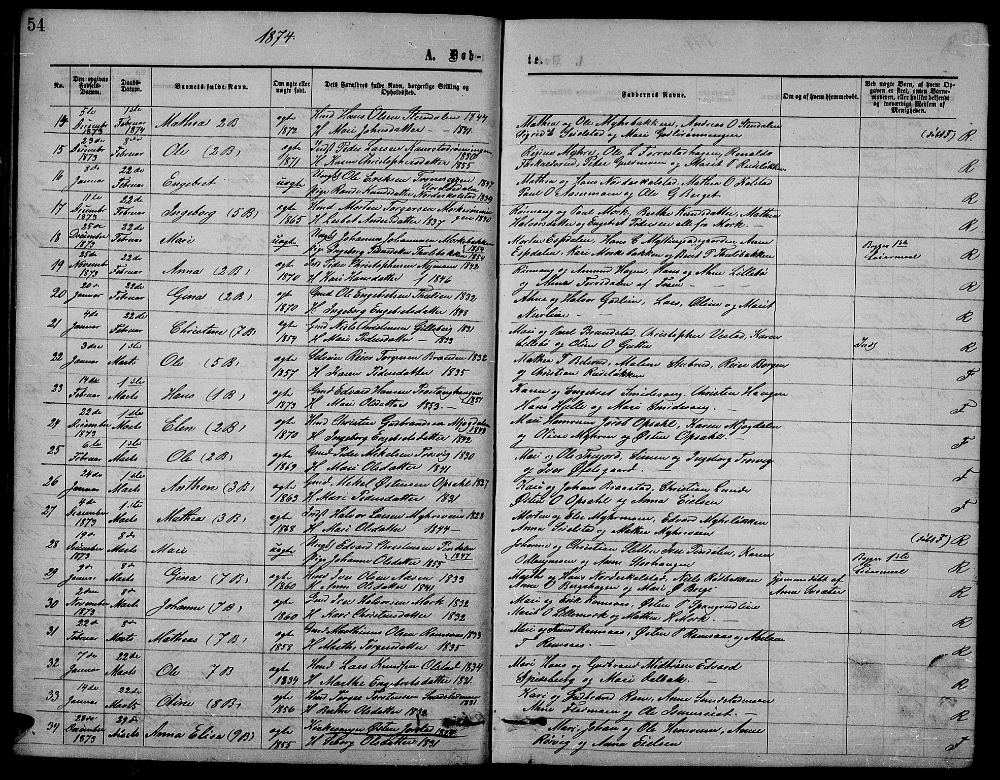 Ringebu prestekontor, SAH/PREST-082/H/Ha/Hab/L0004: Parish register (copy) no. 4, 1867-1879, p. 54