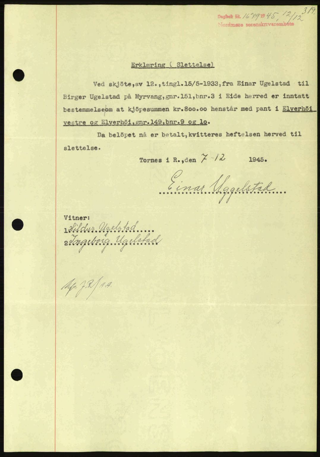 Nordmøre sorenskriveri, AV/SAT-A-4132/1/2/2Ca: Mortgage book no. B93a, 1945-1945, Diary no: : 1679/1945