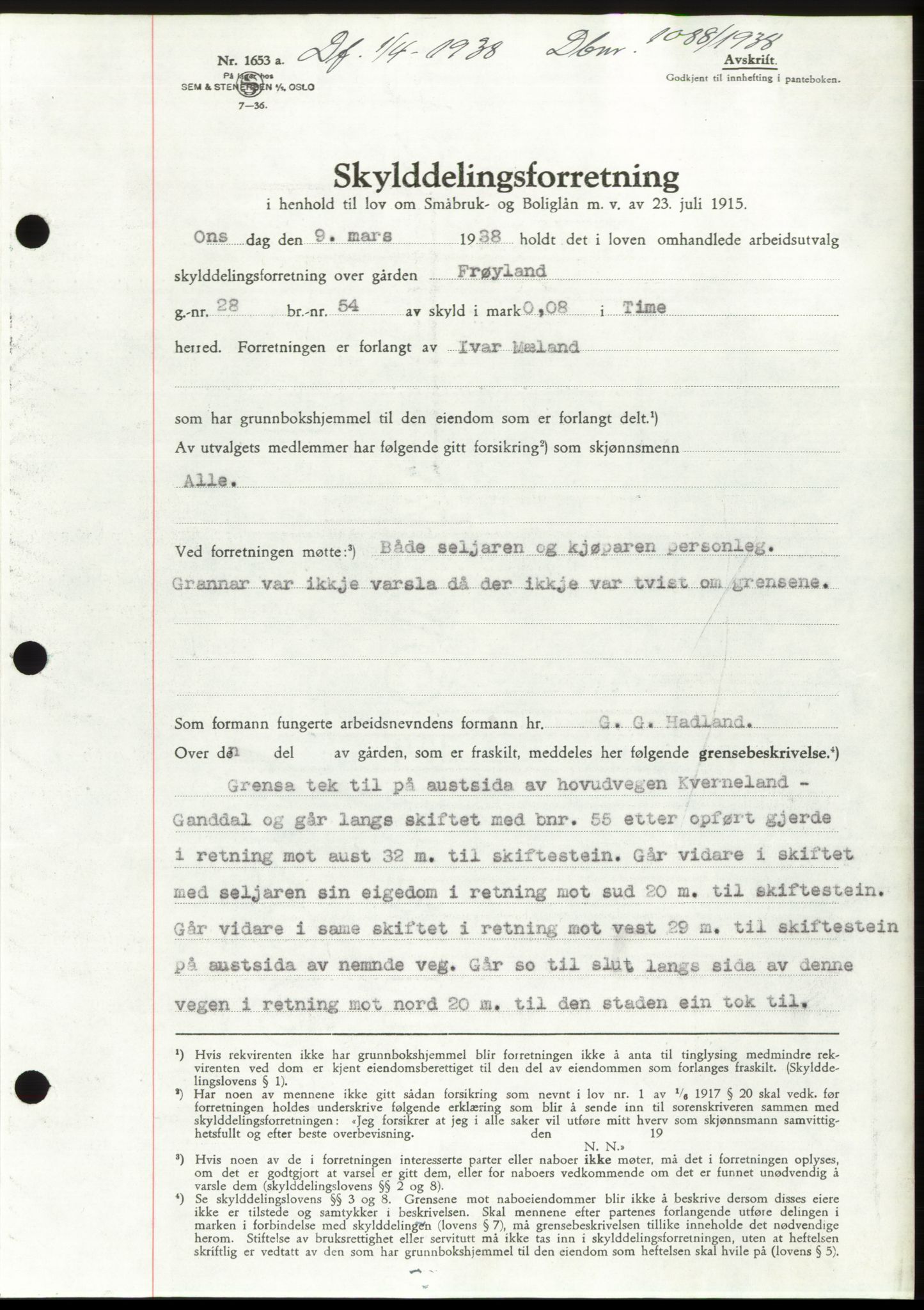 Jæren sorenskriveri, SAST/A-100310/03/G/Gba/L0070: Mortgage book, 1938-1938, Diary no: : 1088/1938