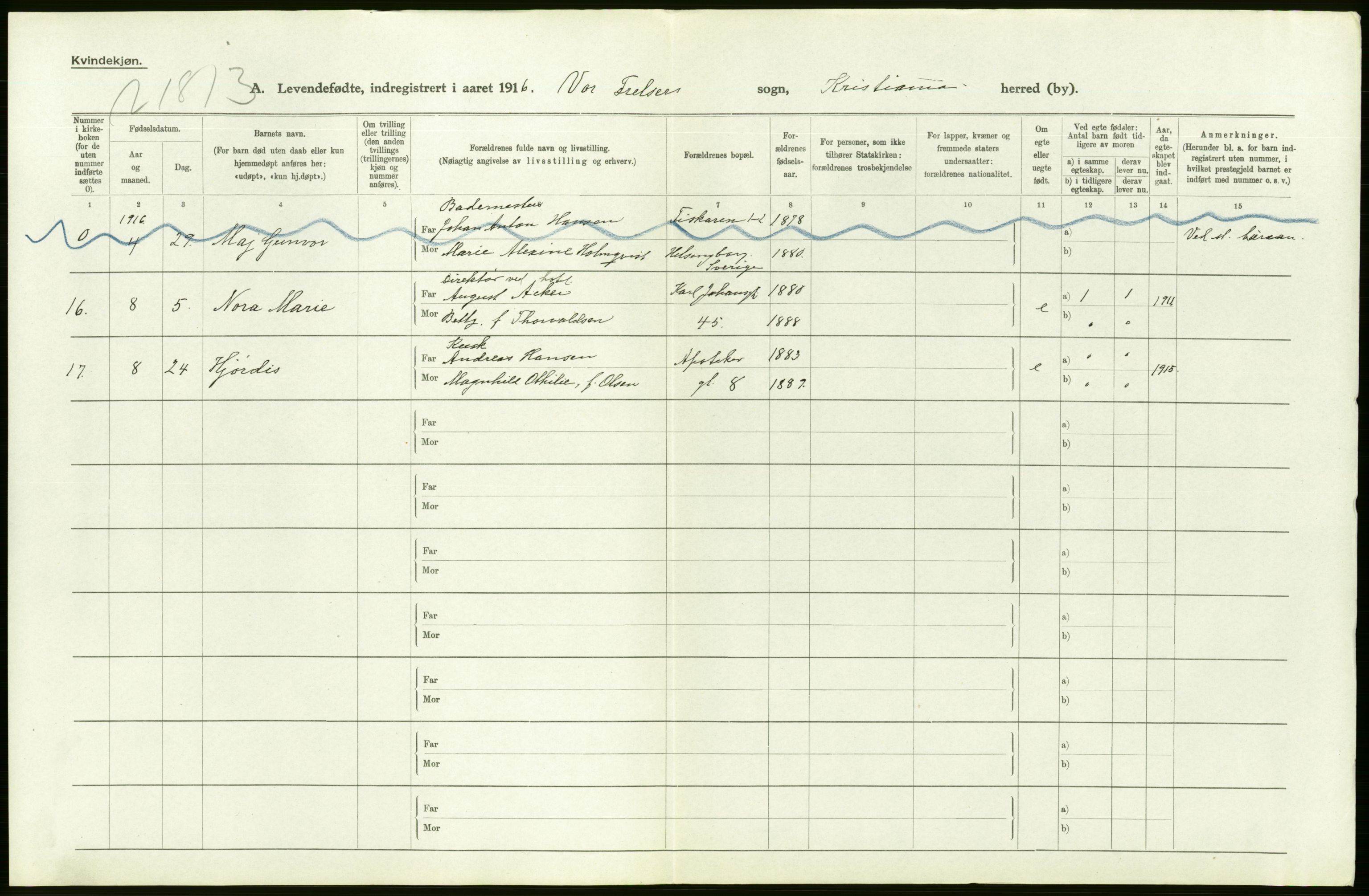 Statistisk sentralbyrå, Sosiodemografiske emner, Befolkning, AV/RA-S-2228/D/Df/Dfb/Dfbf/L0006: Kristiania: Levendefødte menn og kvinner., 1916, p. 32