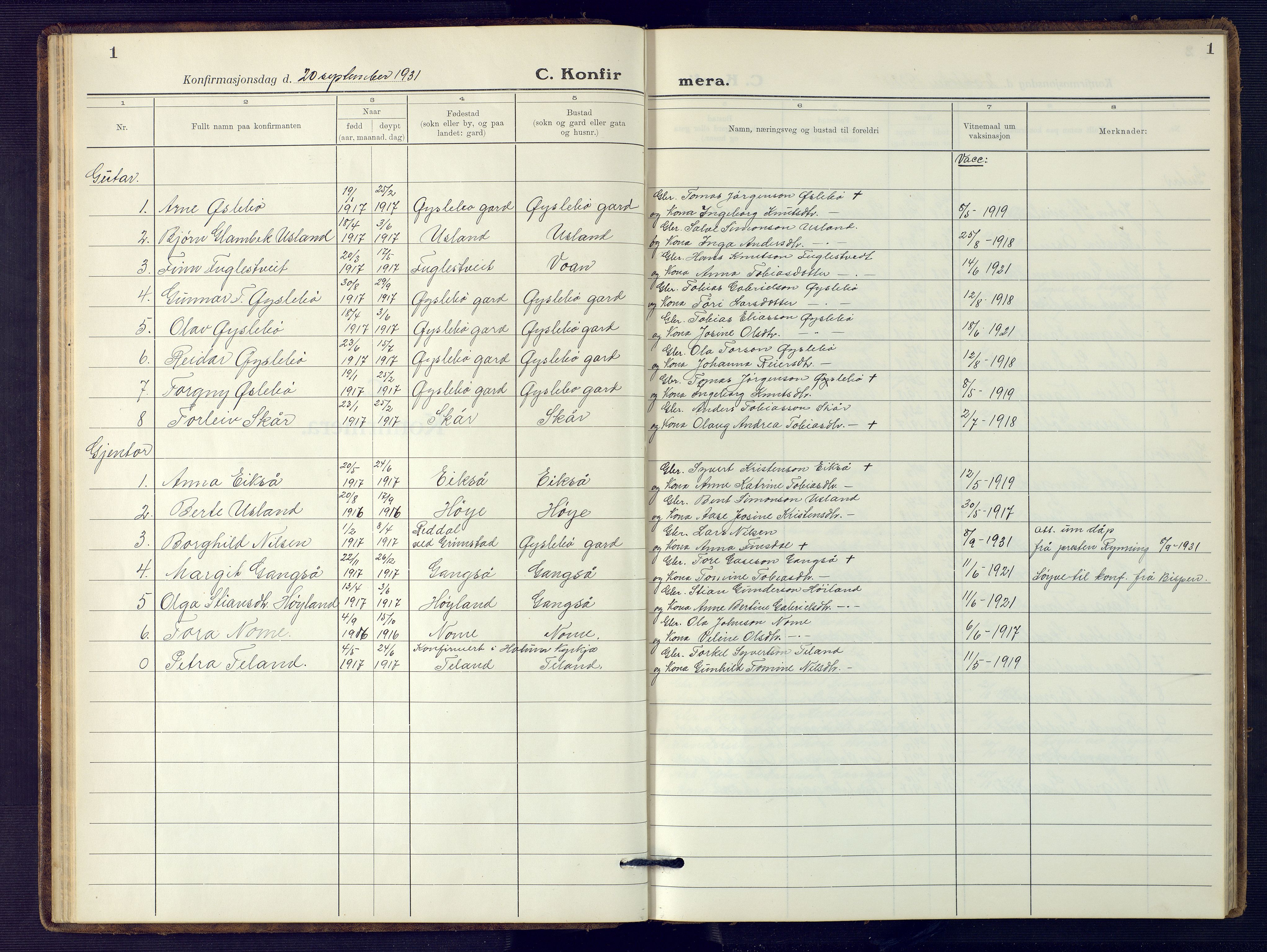 Holum sokneprestkontor, AV/SAK-1111-0022/F/Fb/Fbc/L0005: Parish register (copy) no. B 5, 1931-1945, p. 1