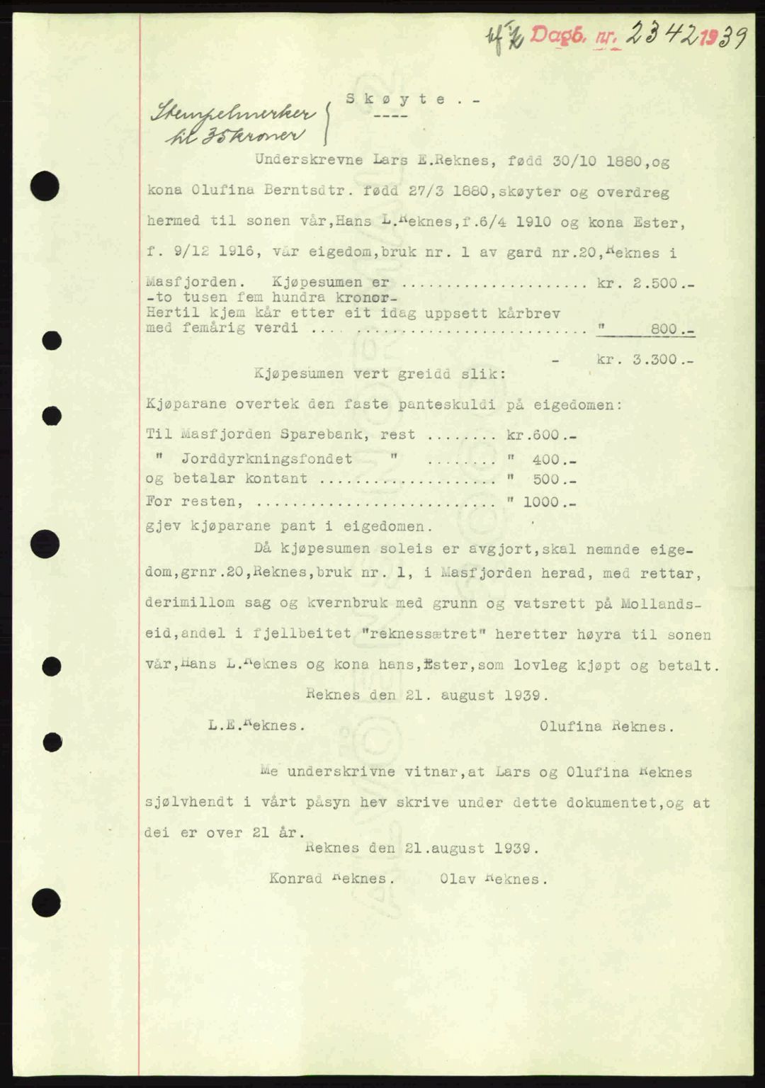 Nordhordland sorenskrivar, SAB/A-2901/1/G/Gb/Gbf/L0010: Mortgage book no. A10, 1939-1940, Diary no: : 2342/1939