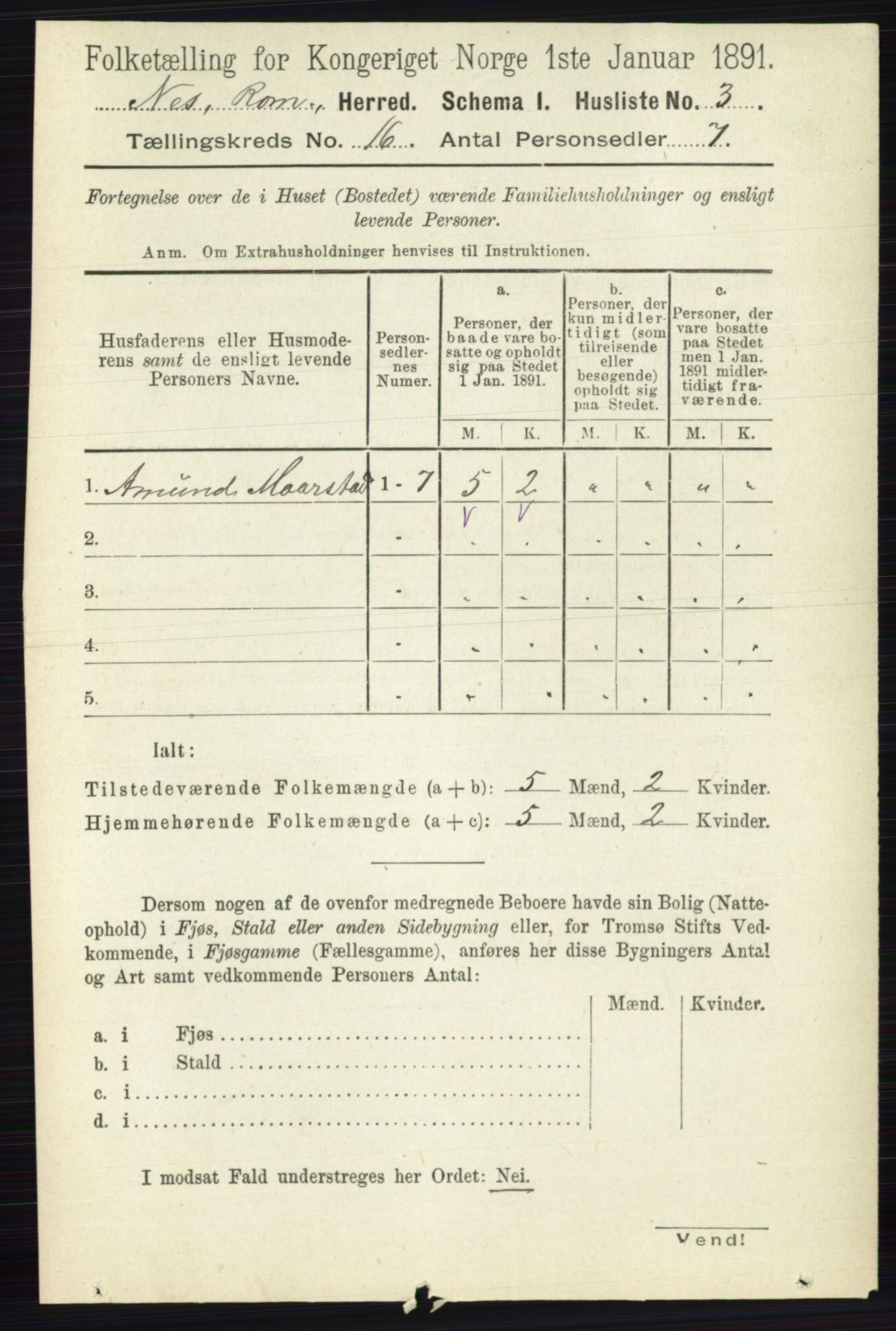 RA, 1891 census for 0236 Nes, 1891, p. 9501