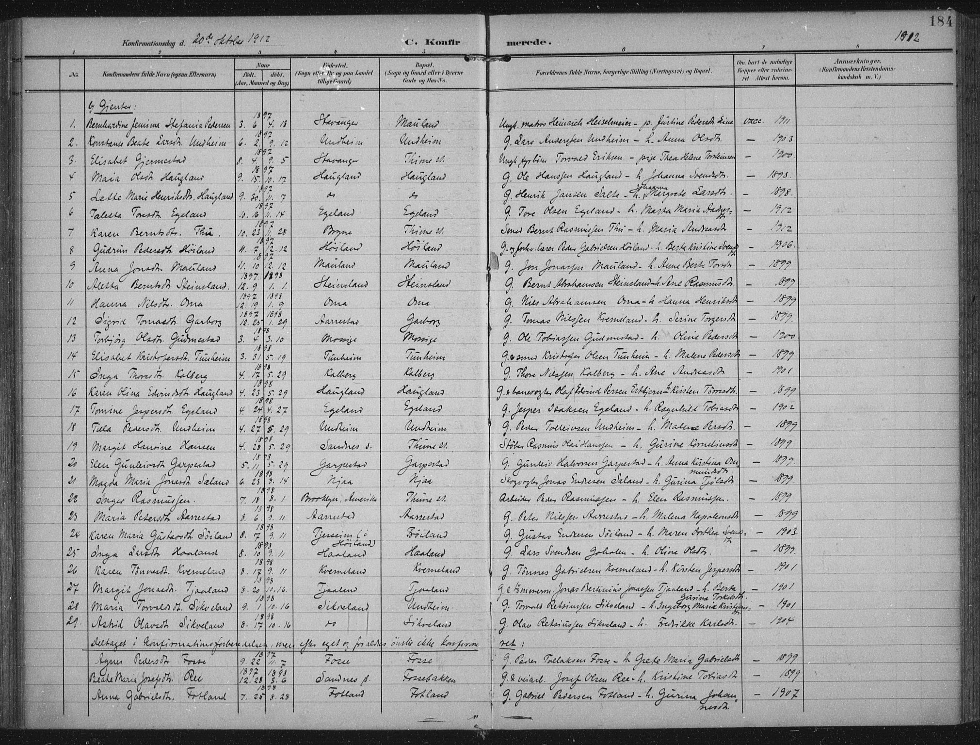 Lye sokneprestkontor, AV/SAST-A-101794/002/A/L0001: Parish register (official) no. A 12, 1904-1920, p. 184