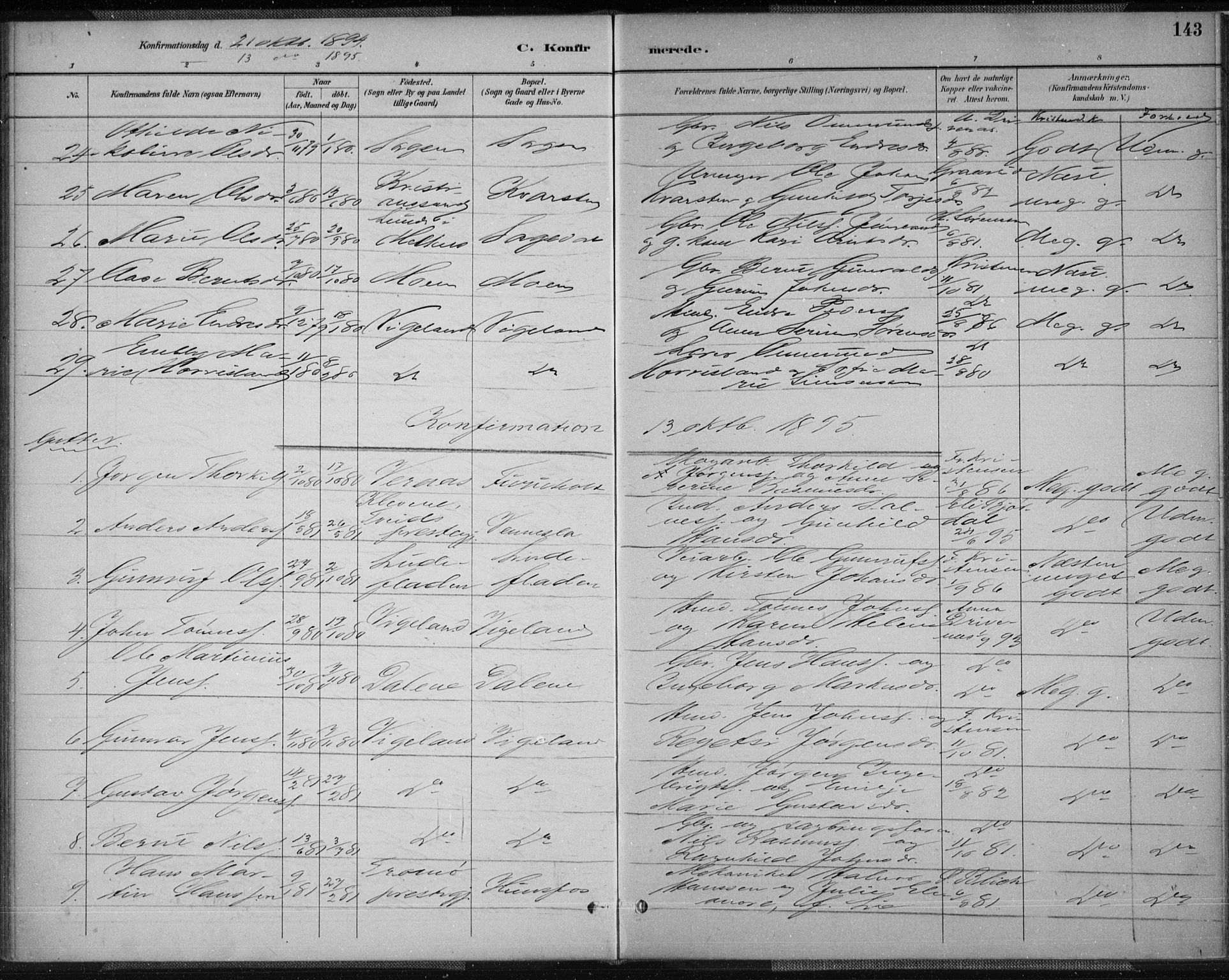 Vennesla sokneprestkontor, AV/SAK-1111-0045/Fa/Fab/L0004: Parish register (official) no. A 4, 1884-1896, p. 143