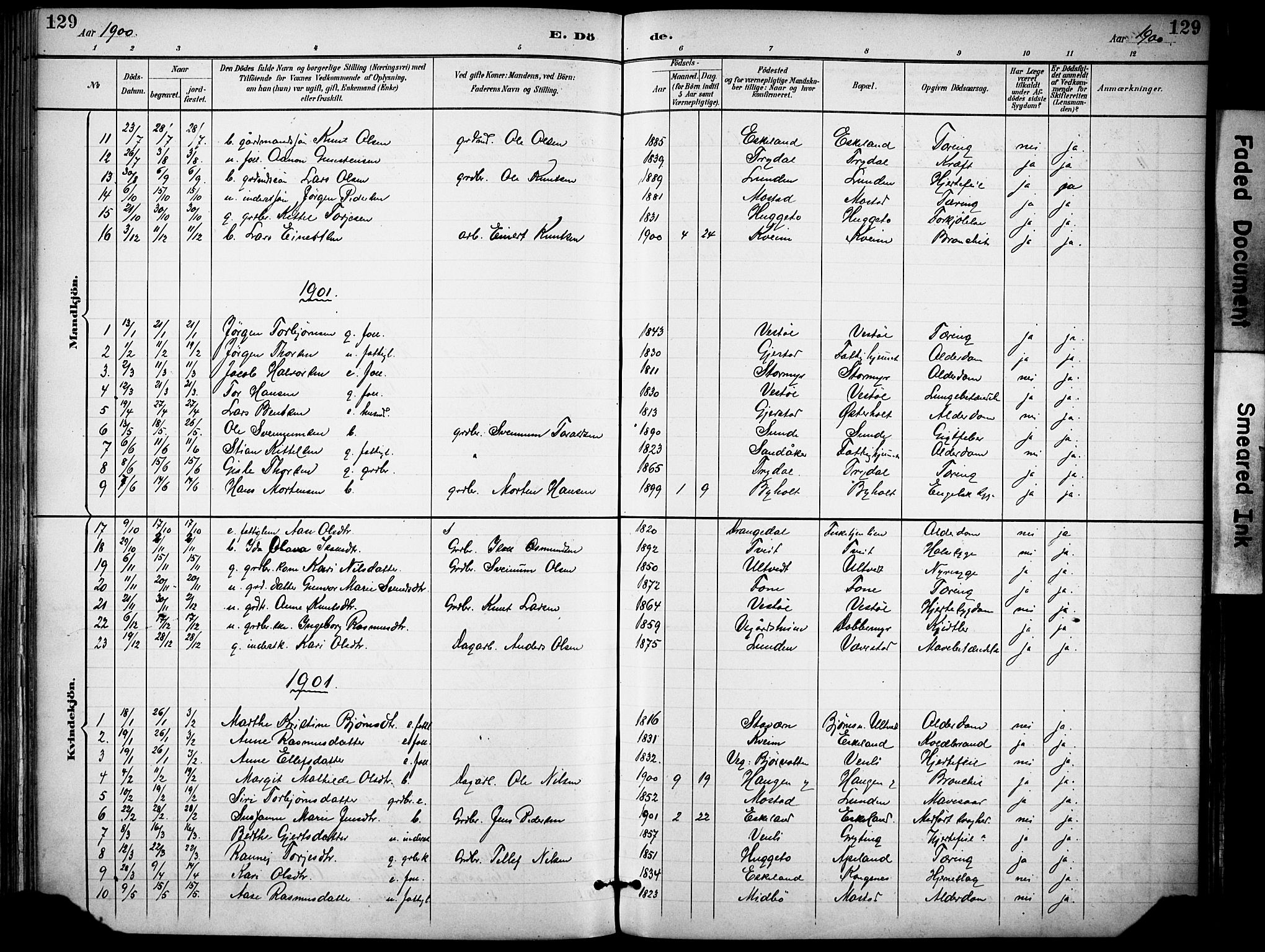 Gjerstad sokneprestkontor, AV/SAK-1111-0014/F/Fa/Faa/L0010: Parish register (official) no. A 10, 1891-1902, p. 129