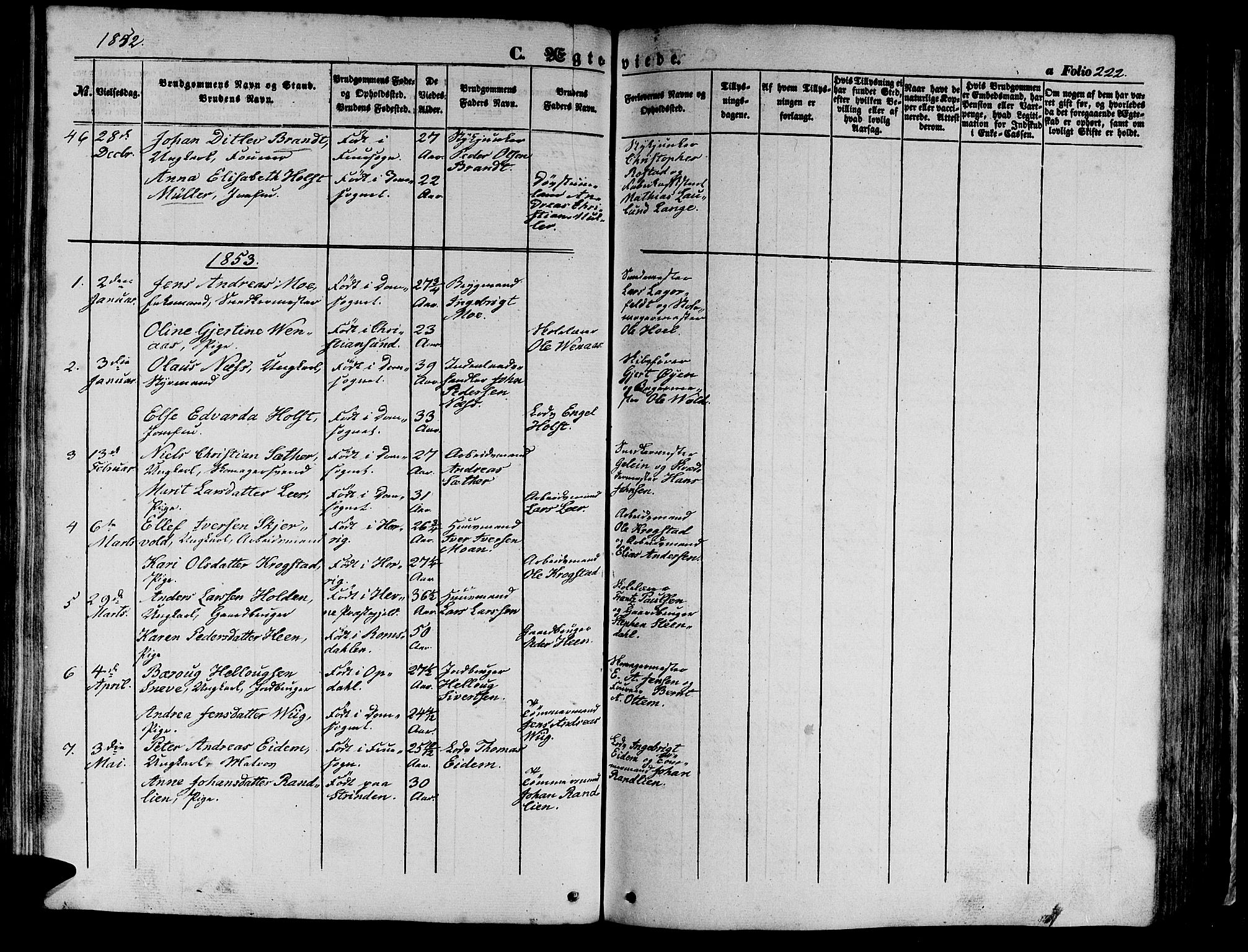 Ministerialprotokoller, klokkerbøker og fødselsregistre - Sør-Trøndelag, SAT/A-1456/602/L0137: Parish register (copy) no. 602C05, 1846-1856, p. 222