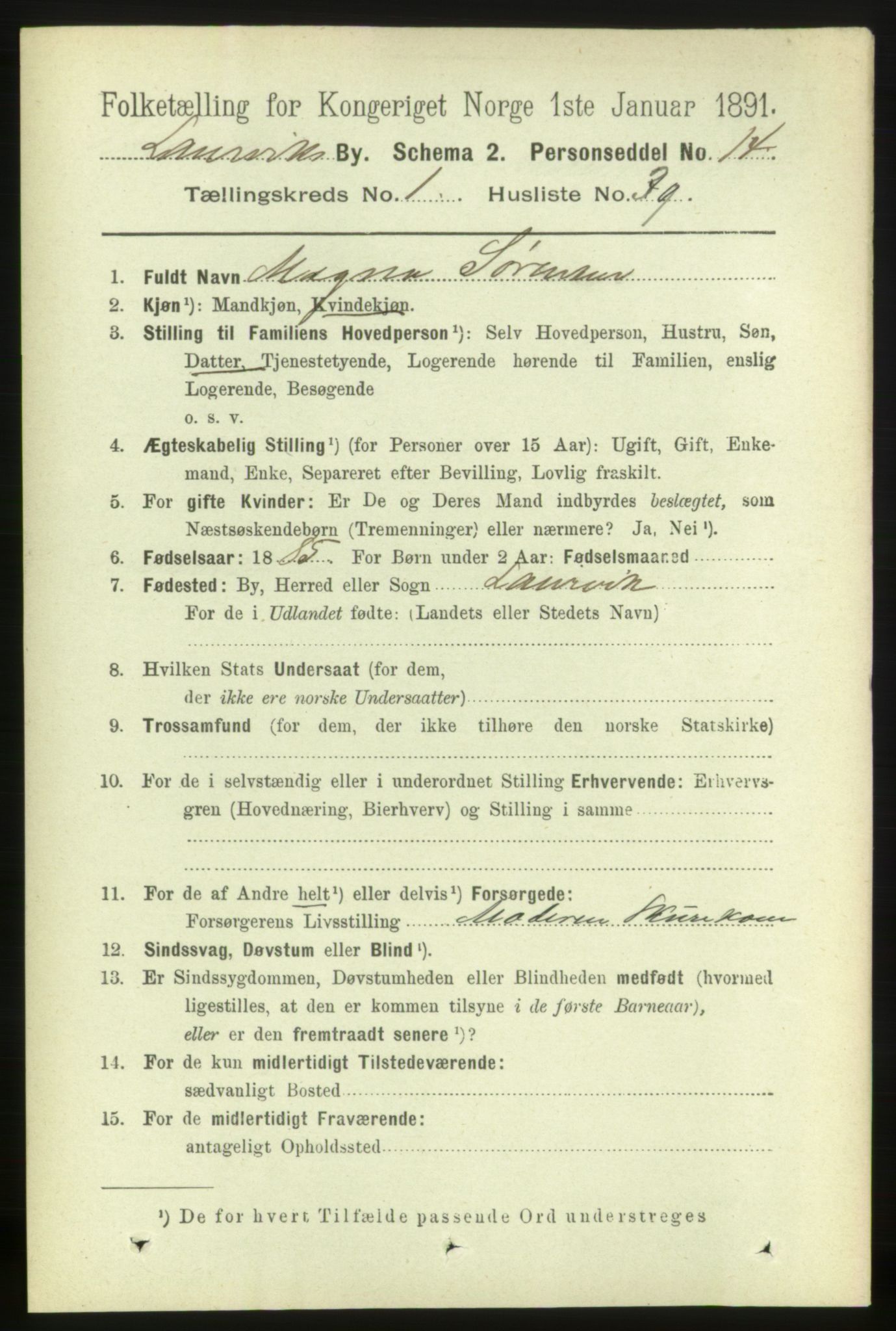RA, 1891 census for 0707 Larvik, 1891, p. 2732