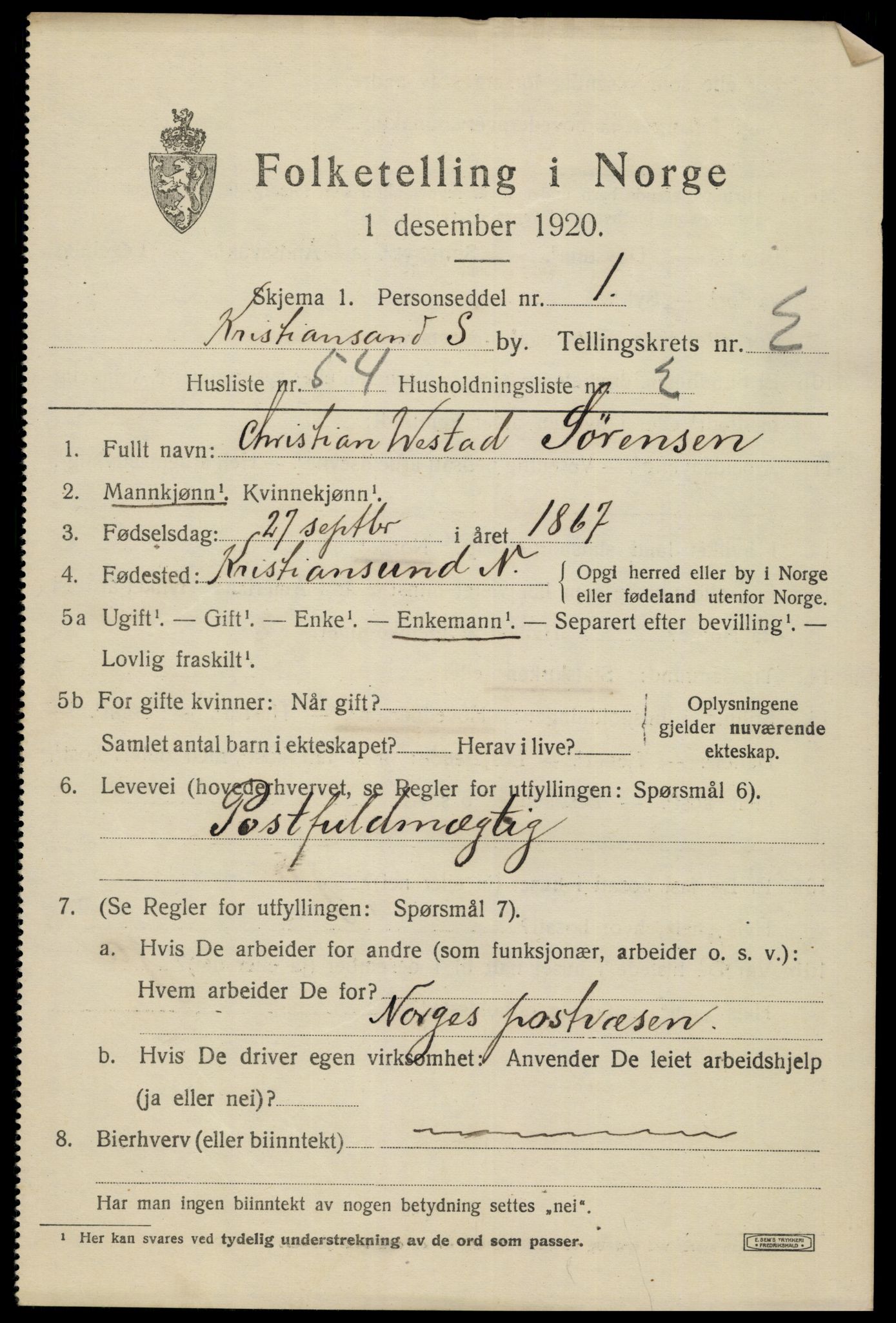 SAK, 1920 census for Kristiansand, 1920, p. 13465