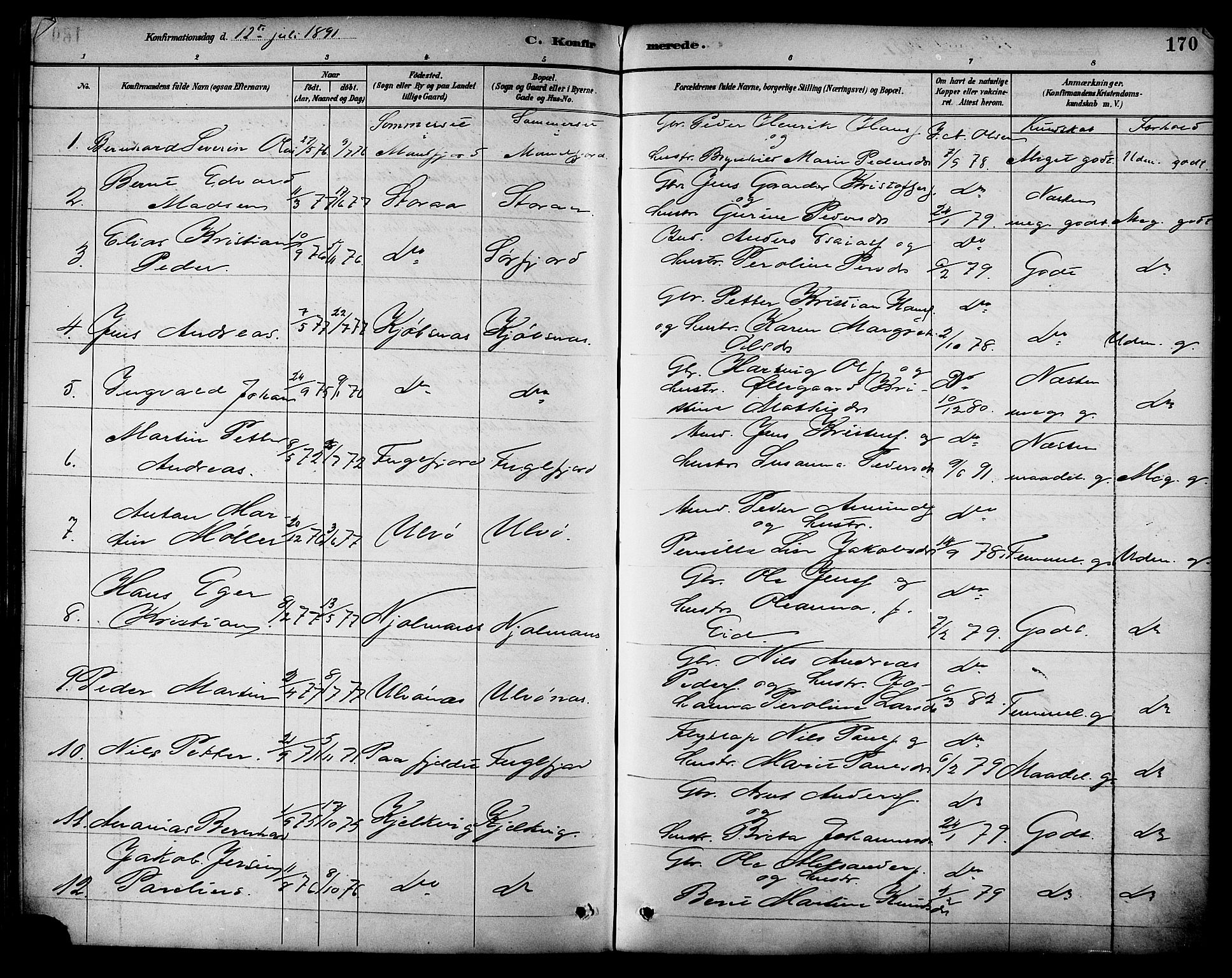 Ministerialprotokoller, klokkerbøker og fødselsregistre - Nordland, AV/SAT-A-1459/861/L0869: Parish register (official) no. 861A04, 1889-1903, p. 170