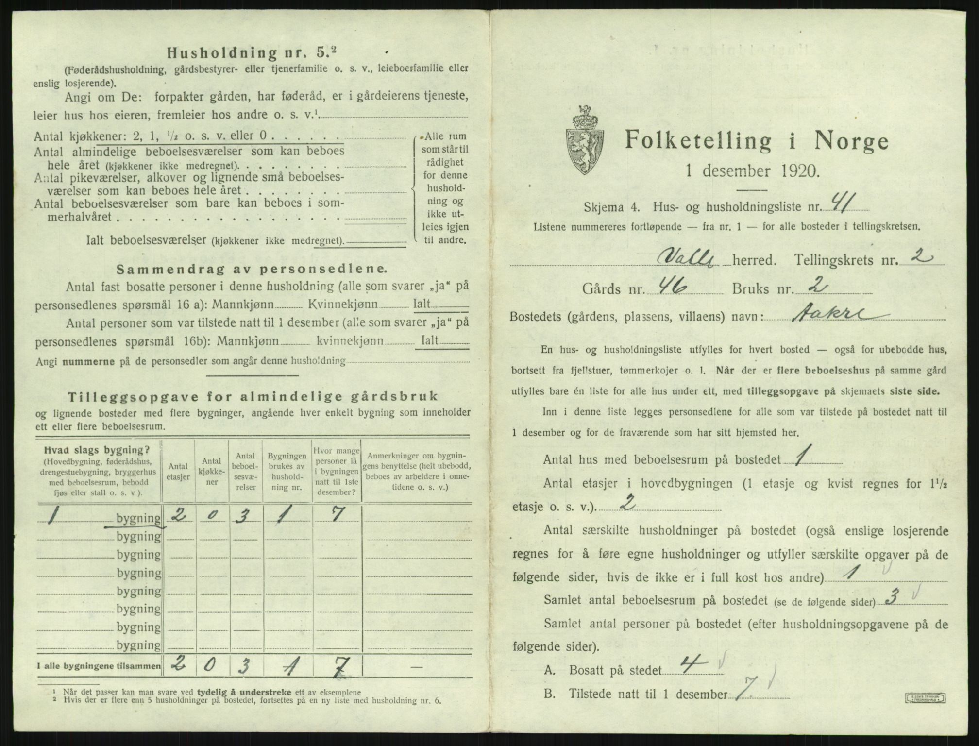 SAK, 1920 census for Valle, 1920, p. 197