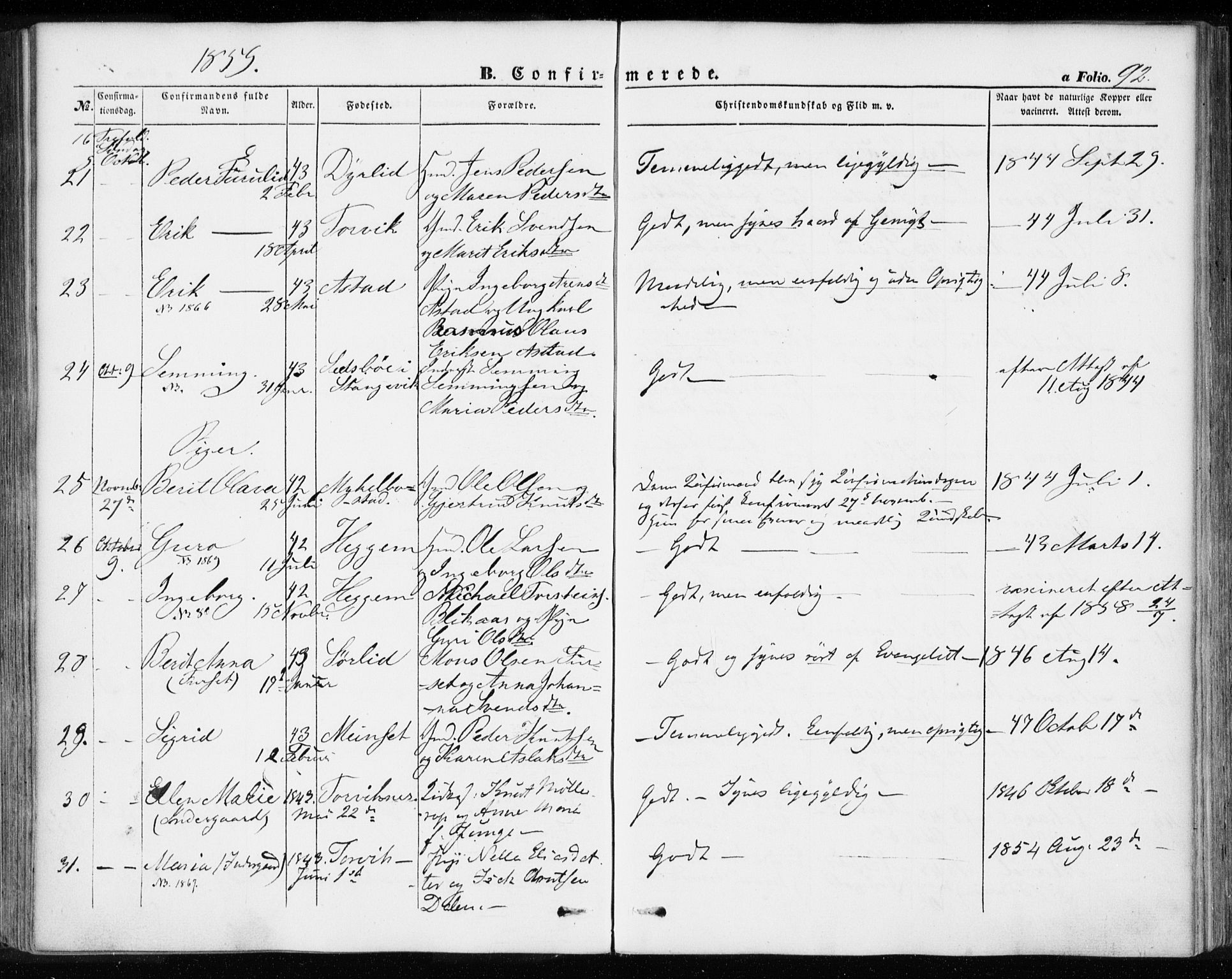 Ministerialprotokoller, klokkerbøker og fødselsregistre - Møre og Romsdal, AV/SAT-A-1454/584/L0965: Parish register (official) no. 584A05, 1857-1868, p. 92