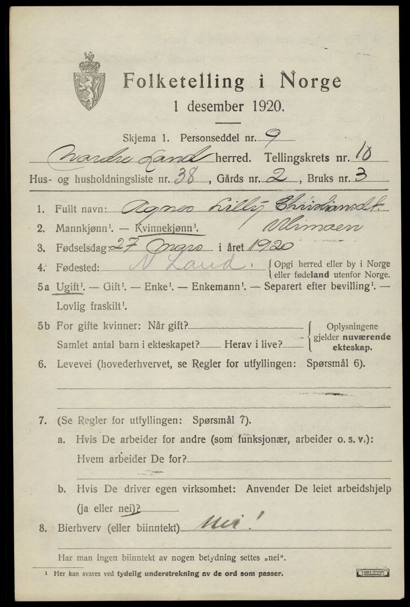 SAH, 1920 census for Nordre Land, 1920, p. 5640