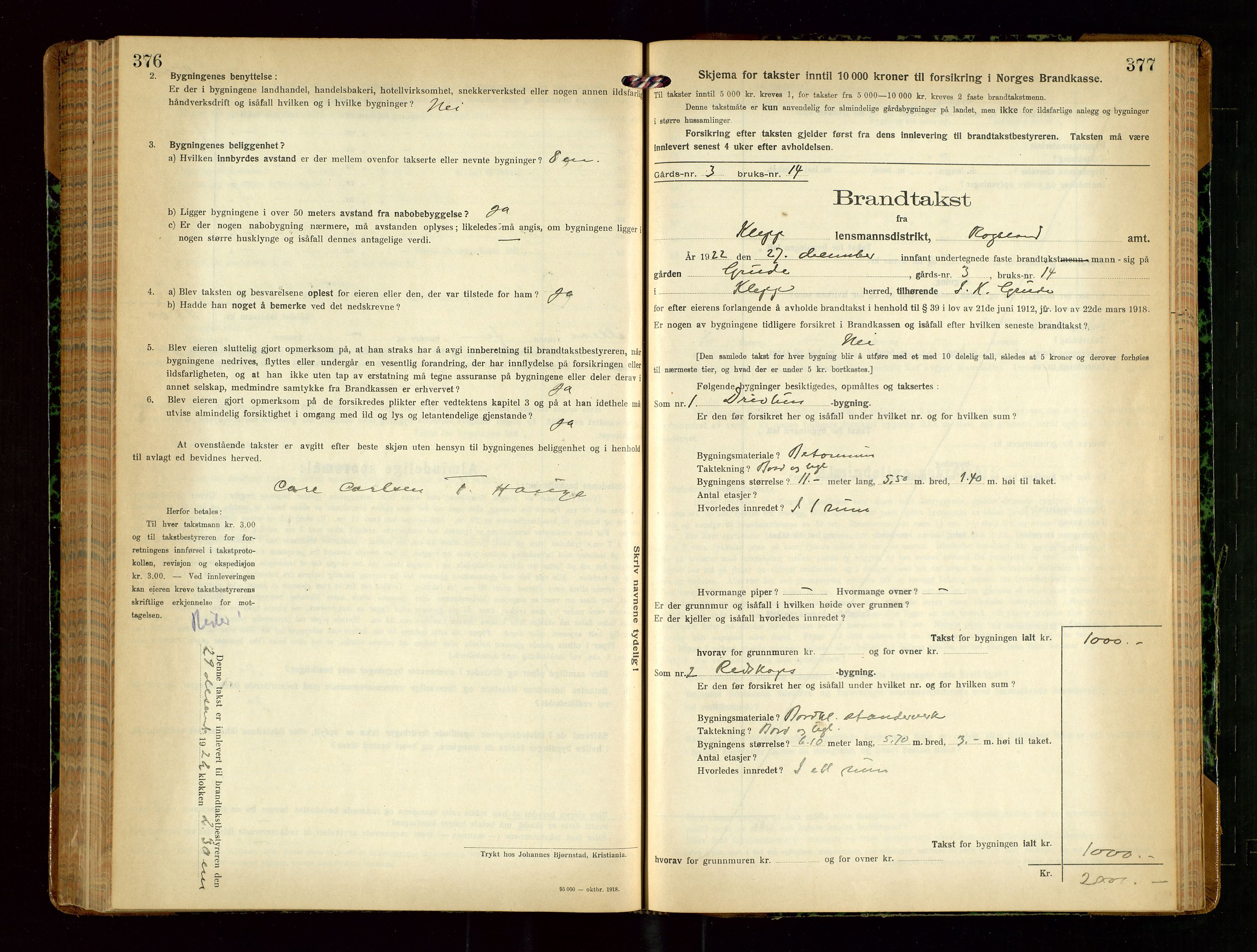 Klepp lensmannskontor, SAST/A-100163/Goc/L0010: "Brandtakstprotokoll" m/register, 1919-1924, p. 376-377