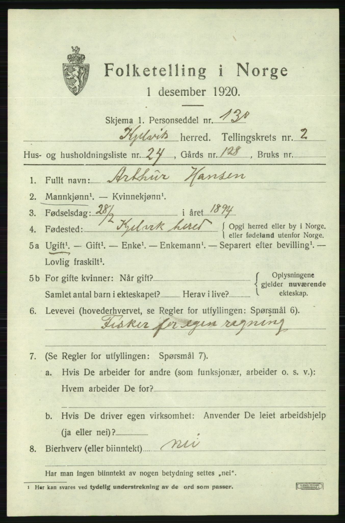 SATØ, 1920 census for Kjelvik, 1920, p. 1645