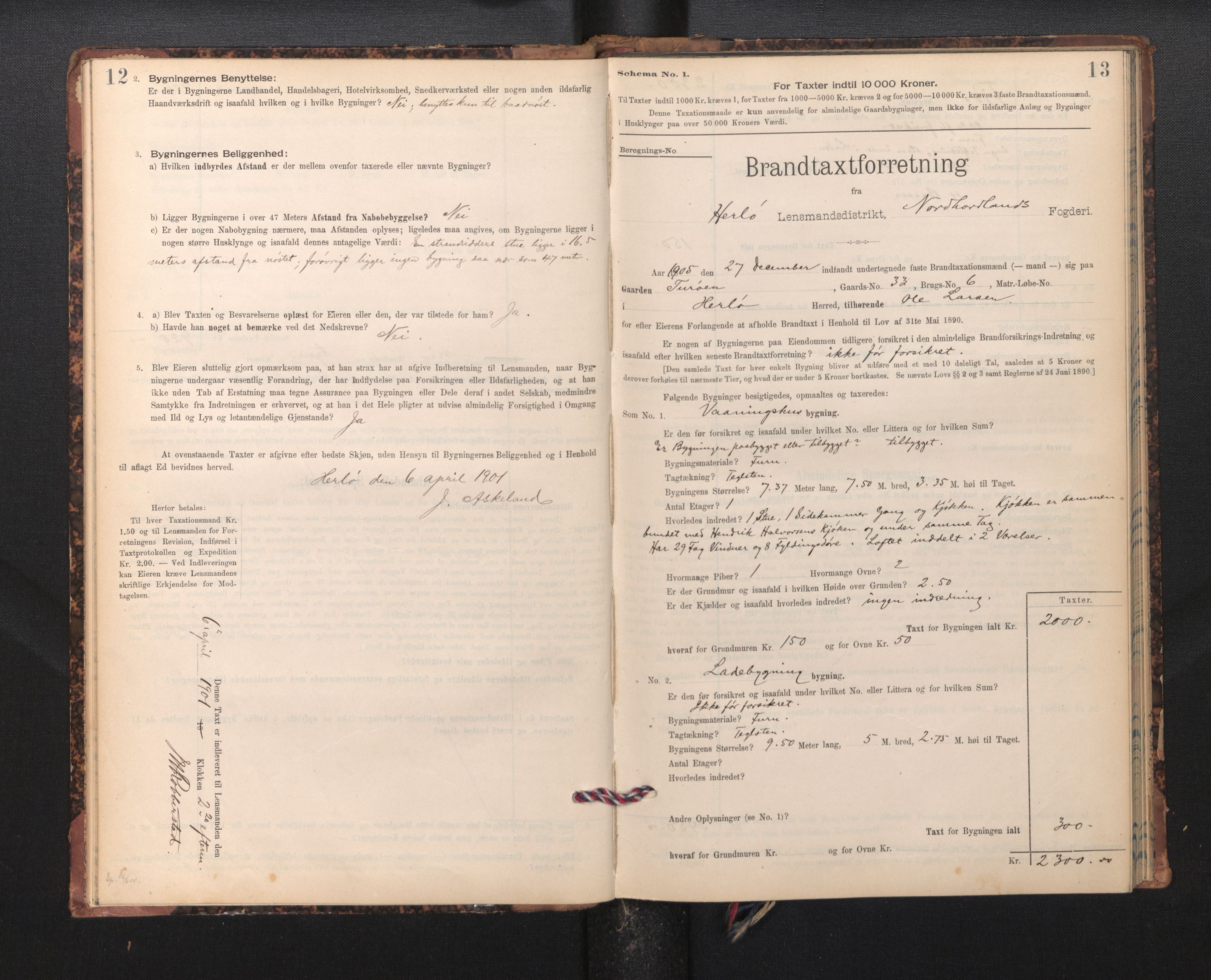Lensmannen i Herdla, SAB/A-32901/0012/L0003:  Branntakstprotokoll skjematakst, 1897-1916, p. 12-13