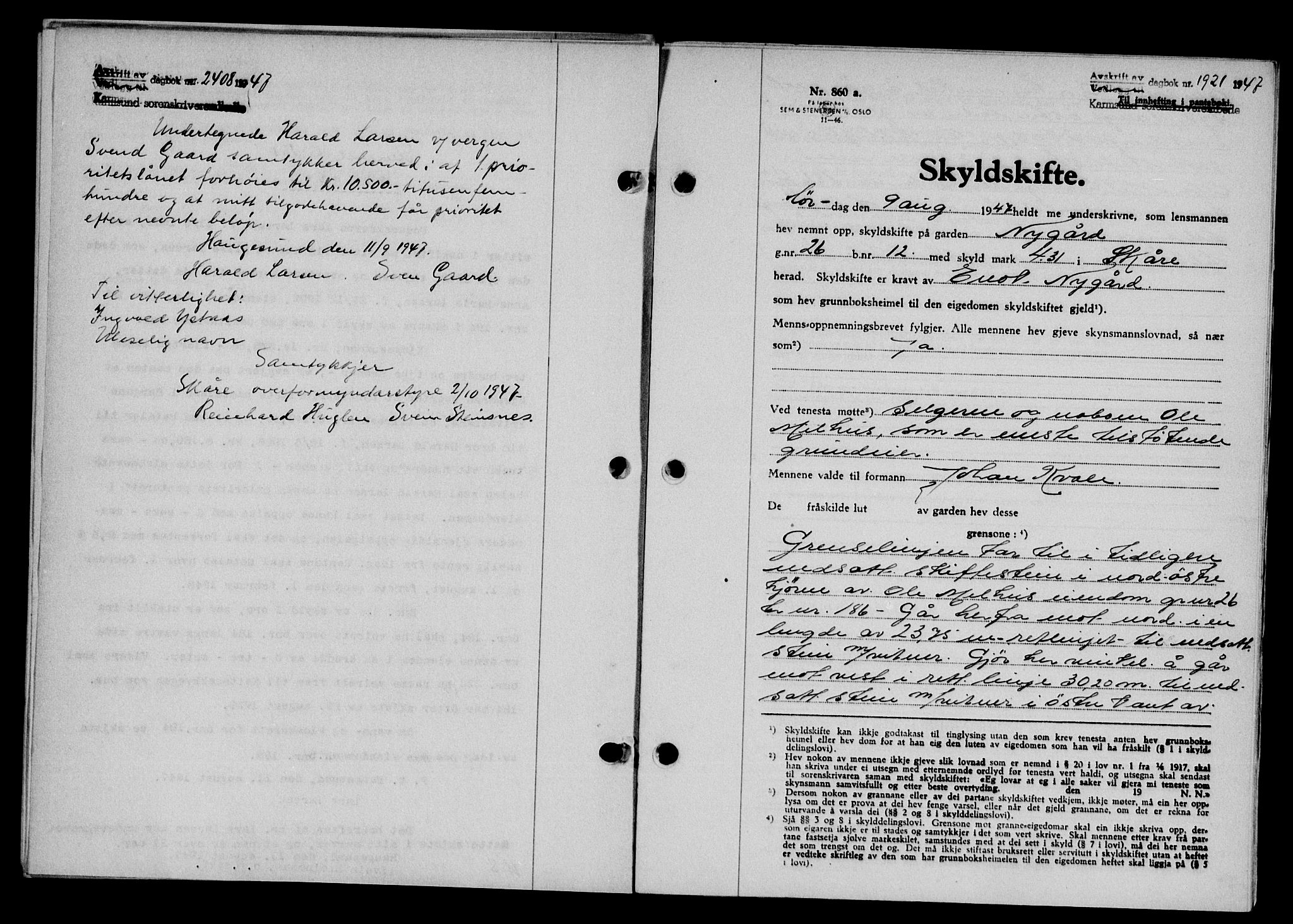 Karmsund sorenskriveri, SAST/A-100311/01/II/IIB/L0090: Mortgage book no. 70A, 1947-1947, Diary no: : 1921/1947