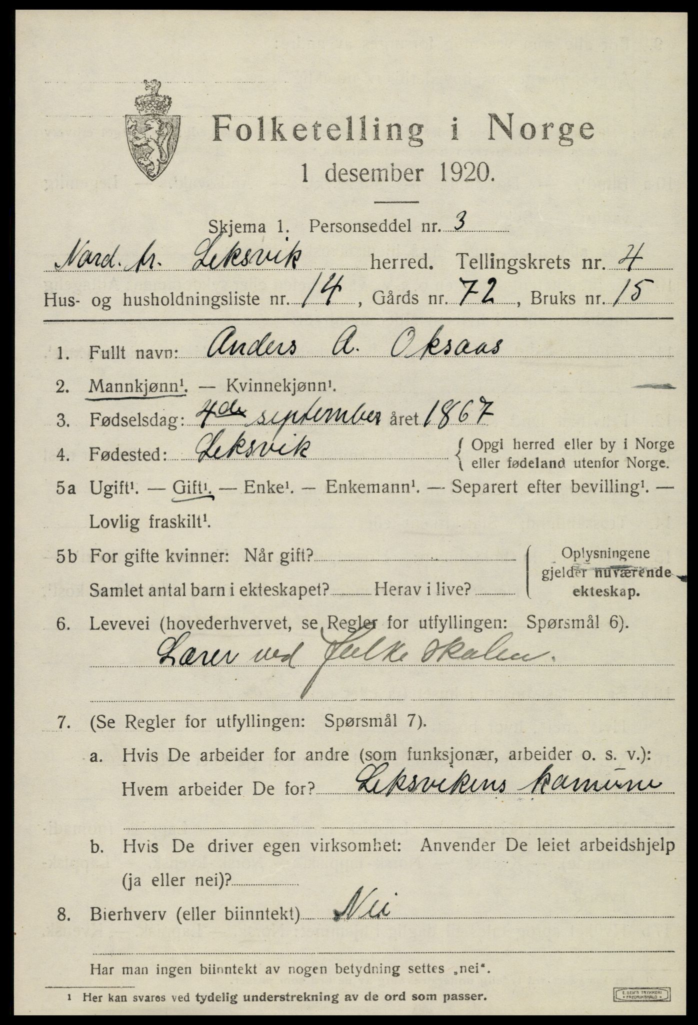 SAT, 1920 census for Leksvik, 1920, p. 3666