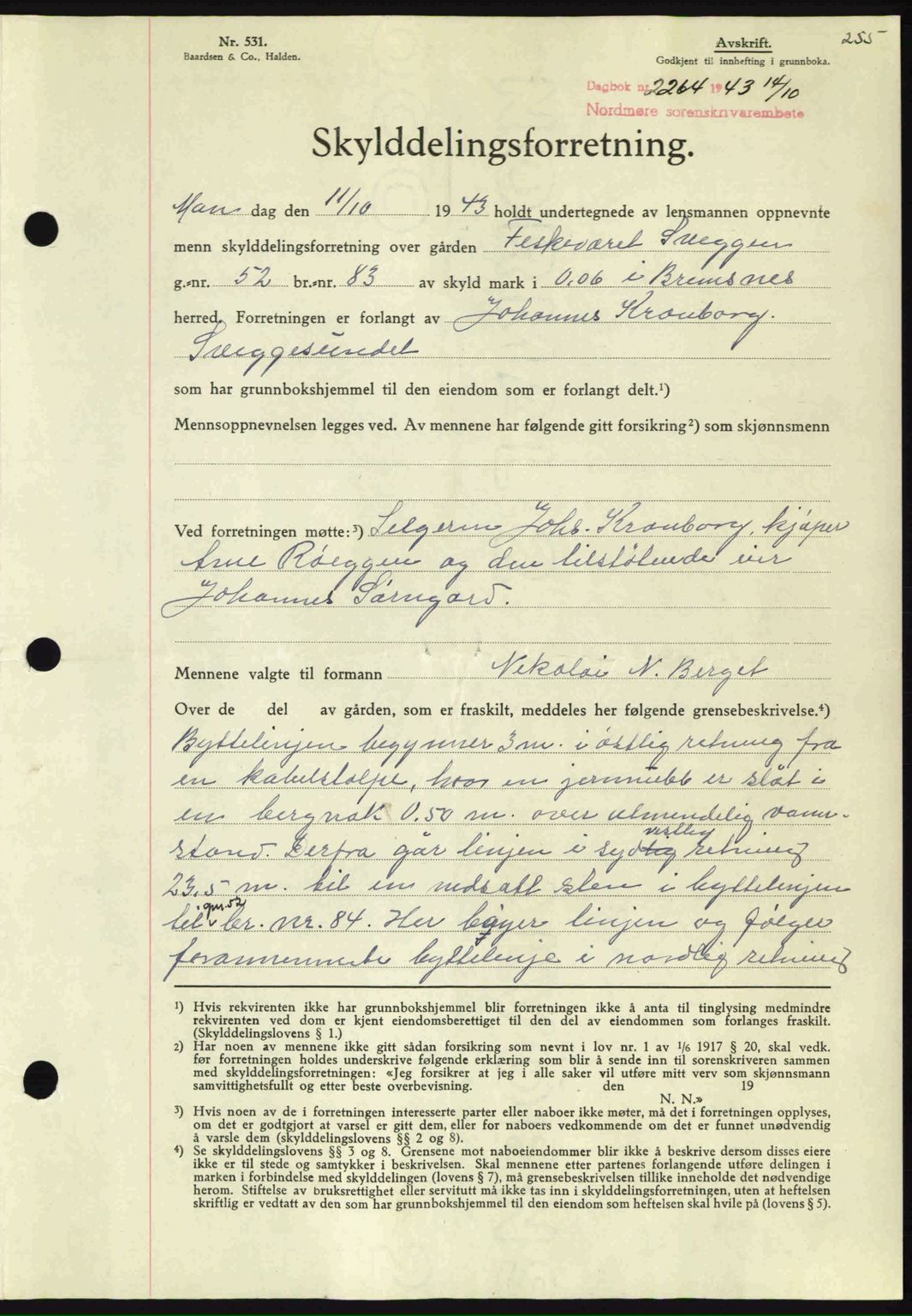 Nordmøre sorenskriveri, AV/SAT-A-4132/1/2/2Ca: Mortgage book no. A96, 1943-1944, Diary no: : 2264/1943