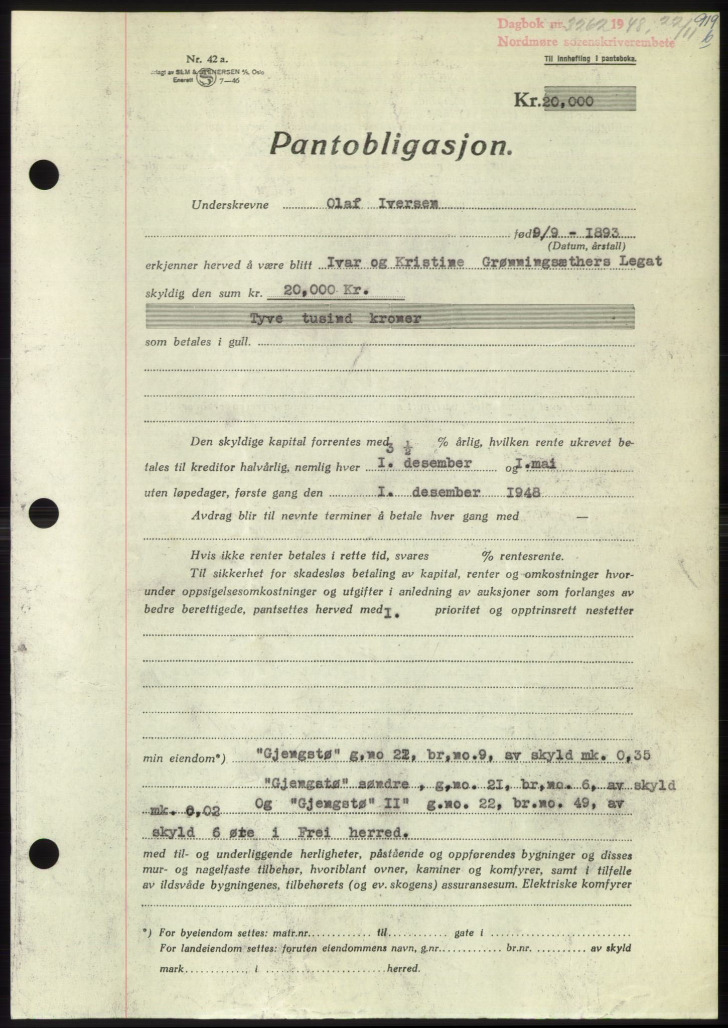 Nordmøre sorenskriveri, AV/SAT-A-4132/1/2/2Ca: Mortgage book no. B100, 1948-1949, Diary no: : 3262/1948