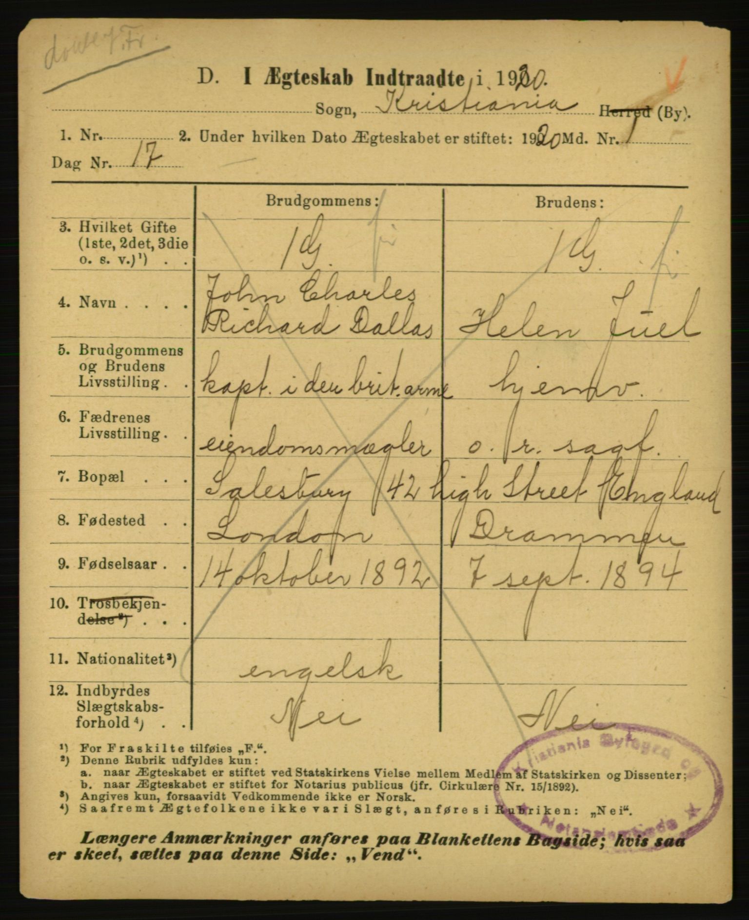 Statistisk sentralbyrå, Sosiodemografiske emner, Befolkning, AV/RA-S-2228/E/L0018: Fødte, gifte, døde dissentere., 1920, p. 3697