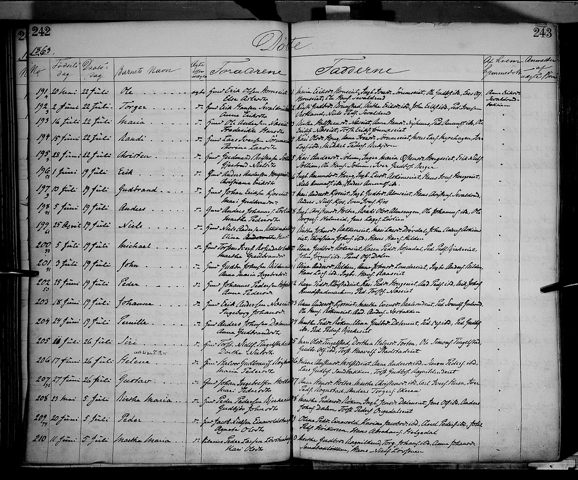 Gran prestekontor, SAH/PREST-112/H/Ha/Haa/L0012: Parish register (official) no. 12, 1856-1874, p. 242-243