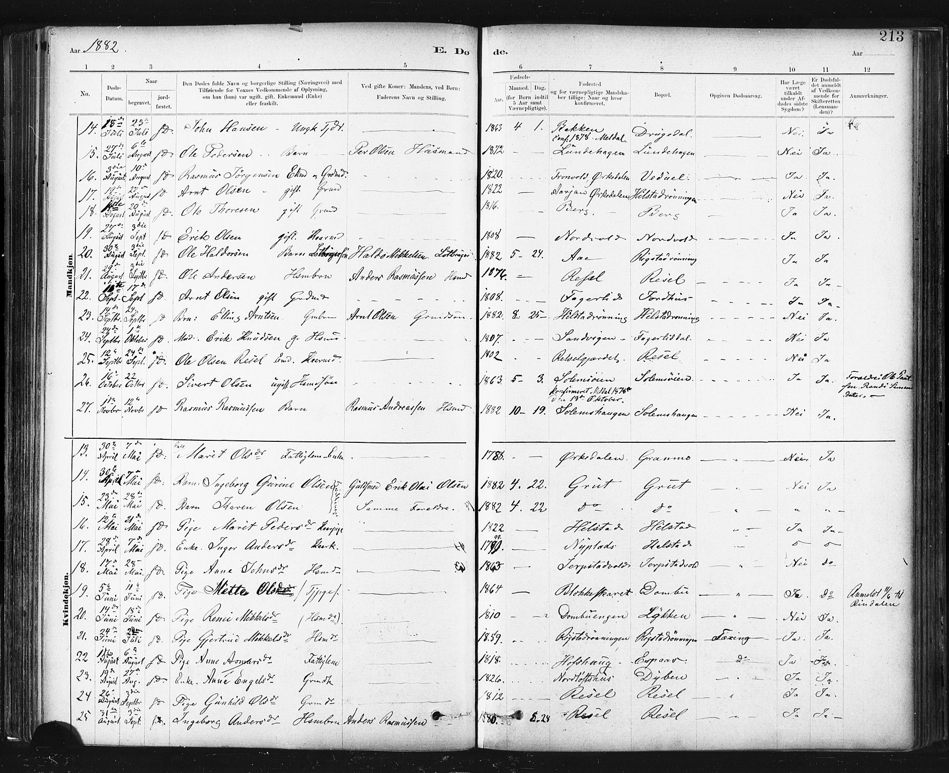 Ministerialprotokoller, klokkerbøker og fødselsregistre - Sør-Trøndelag, AV/SAT-A-1456/672/L0857: Parish register (official) no. 672A09, 1882-1893, p. 213