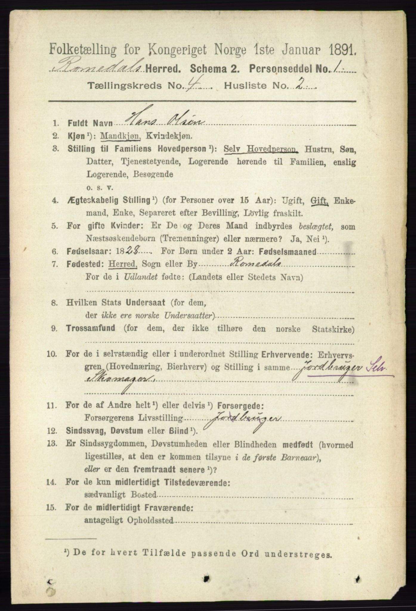 RA, 1891 census for 0416 Romedal, 1891, p. 1969