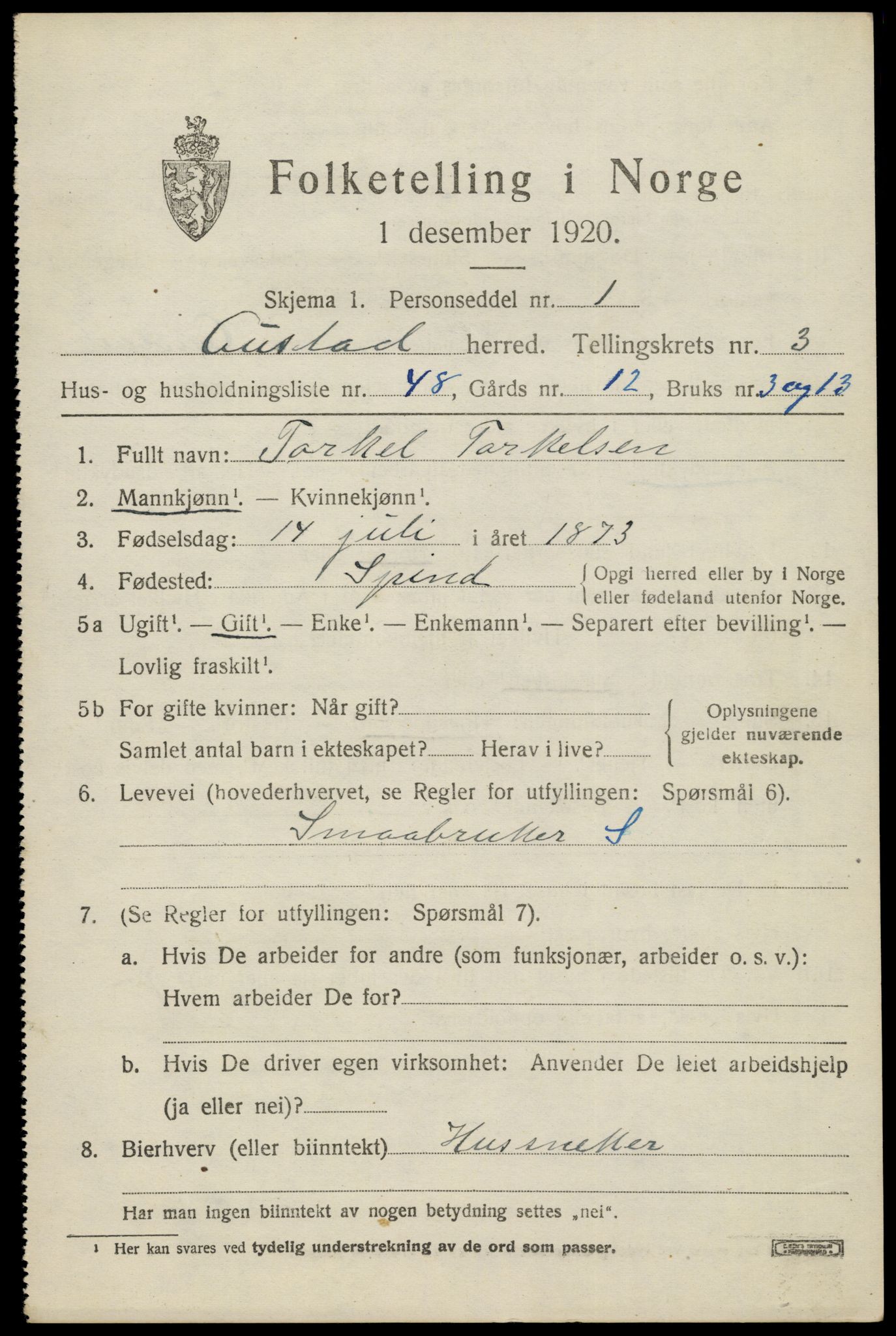 SAK, 1920 census for Austad, 1920, p. 1369