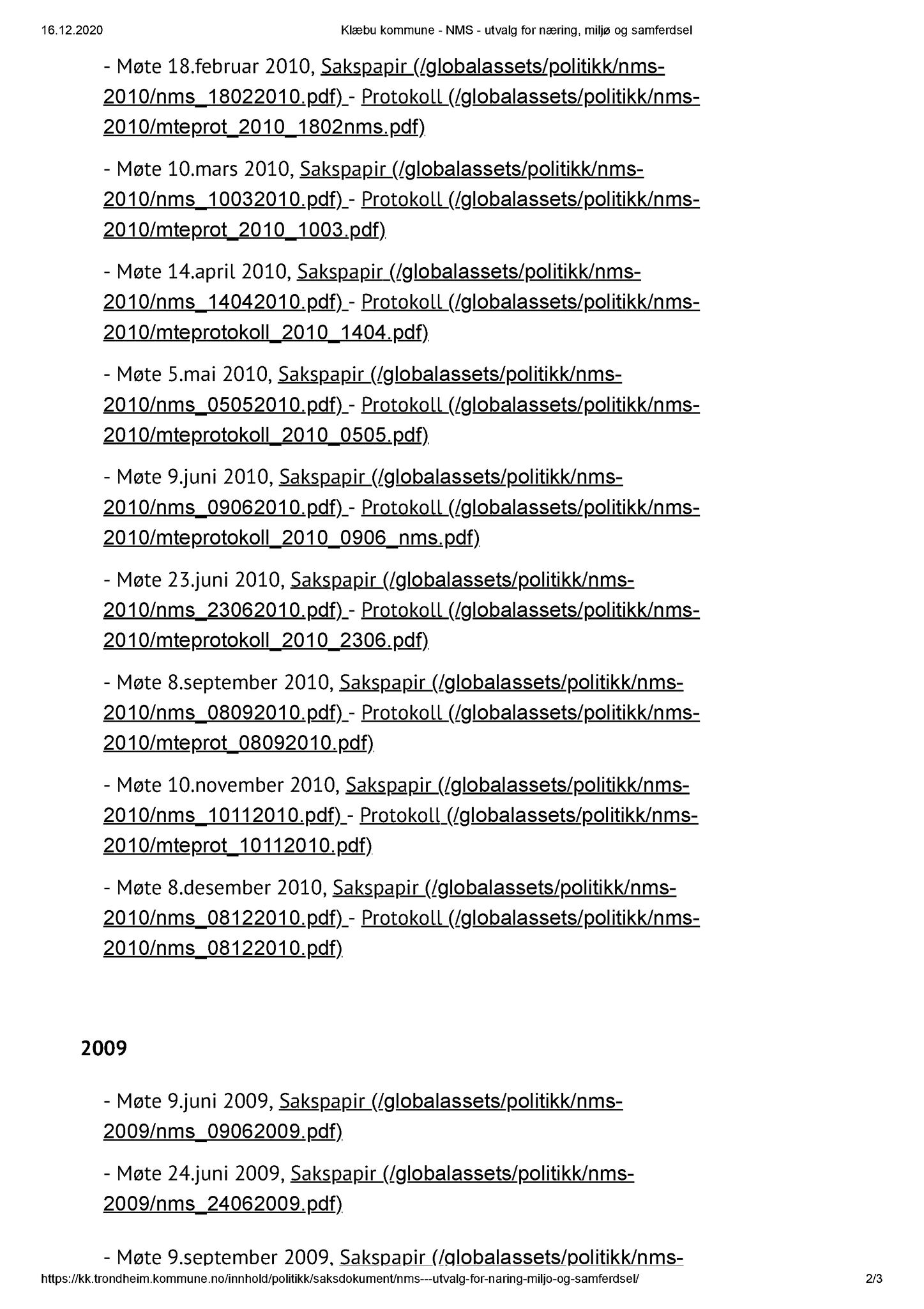 Klæbu Kommune, TRKO/KK/13-NMS/L001: Utvalg for næring, miljø og samferdsel, 2009-2011, p. 2