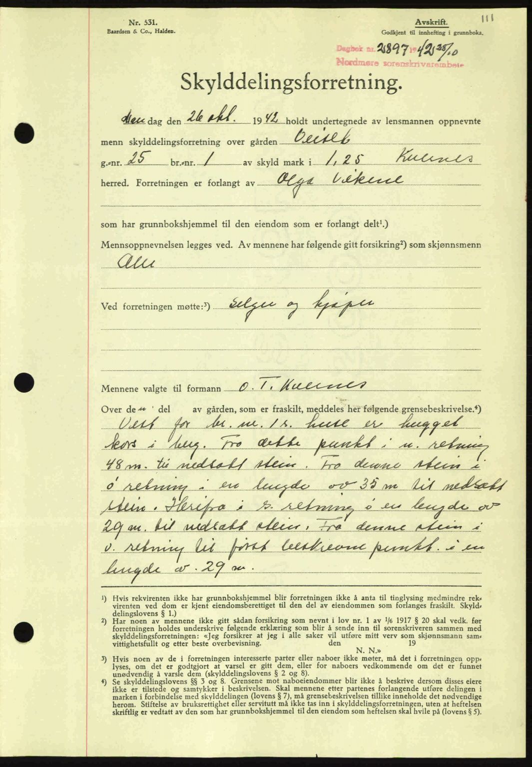 Nordmøre sorenskriveri, AV/SAT-A-4132/1/2/2Ca: Mortgage book no. A94, 1942-1943, Diary no: : 2897/1942