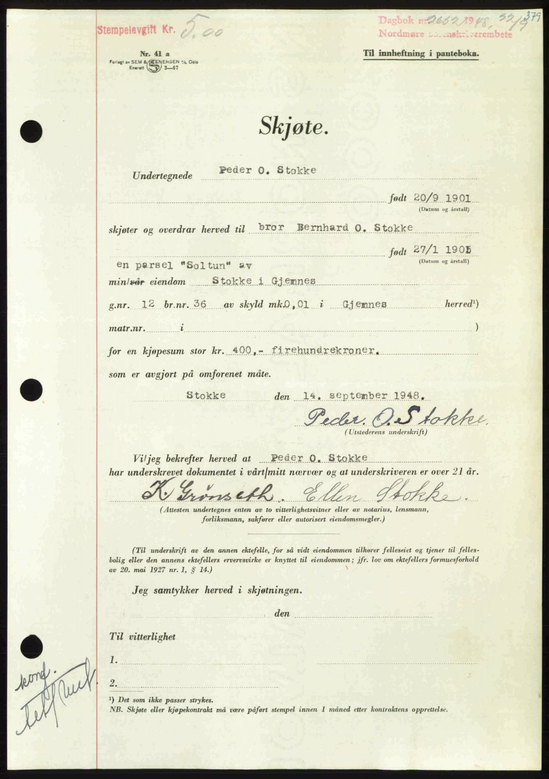 Nordmøre sorenskriveri, AV/SAT-A-4132/1/2/2Ca: Mortgage book no. A109, 1948-1948, Diary no: : 2652/1948